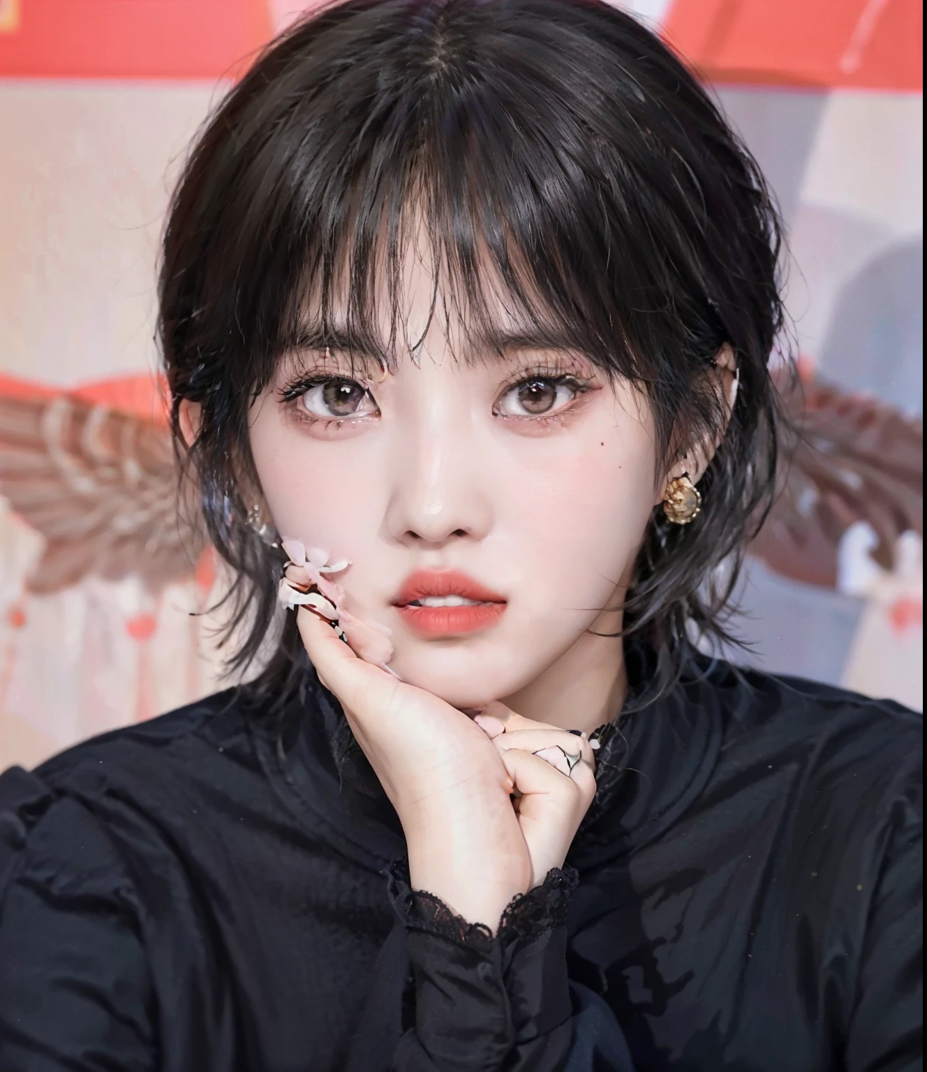 un primer plano de un hombre con una camisa negra y una chaqueta negra, kim doyoung, jinyoung shin, young pale angel, aesthetic jinyoung pimple, diez lee, yanjun chengt, hyung tae, Inspirado por Bian Shoumin, pale korean adorable face, Kpop idol portrait, foto de perfil en la cabeza, kim taejin, jia, Mirada inocente, cai xukun