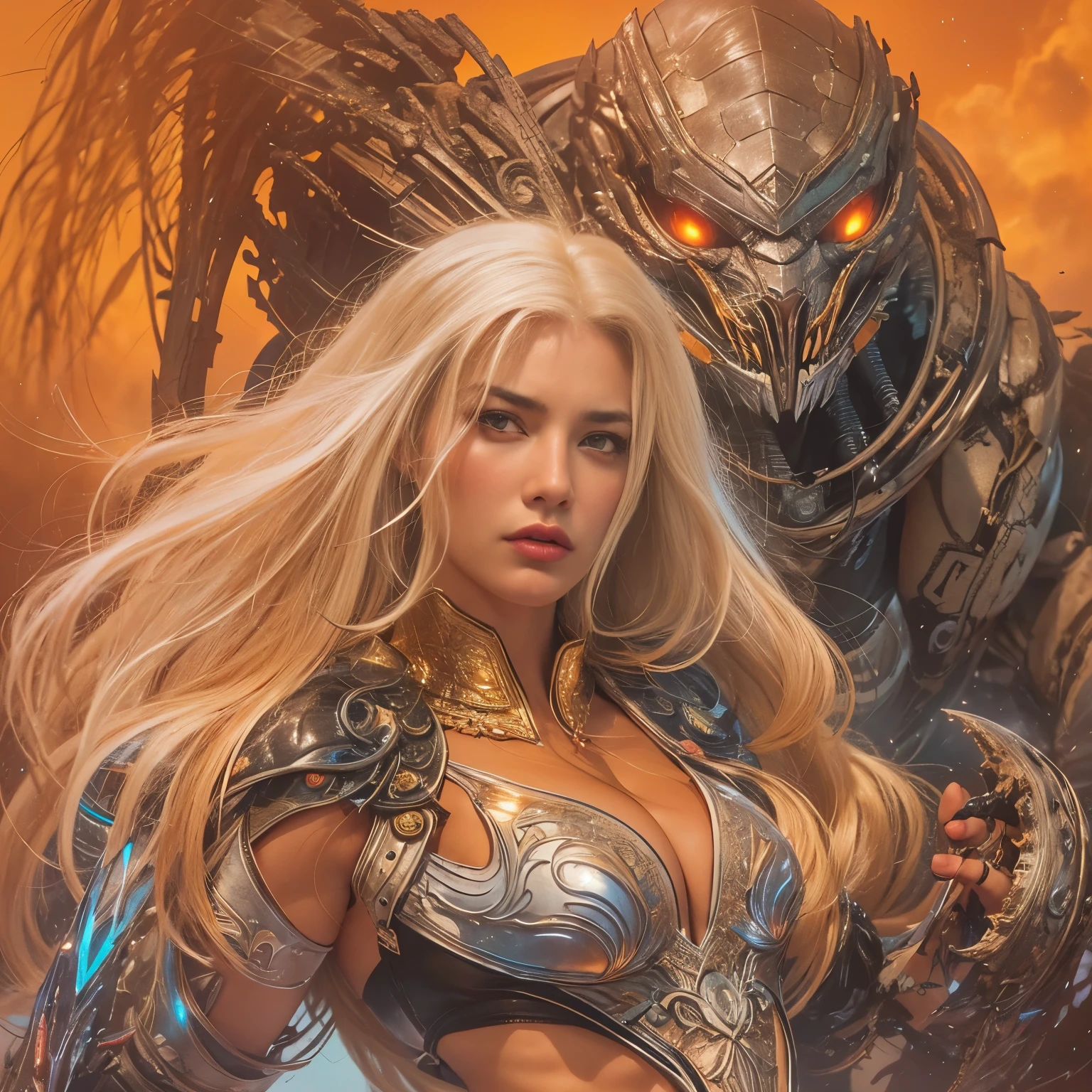 1 female alien, The predator, warrior, (extremely beautiful:1.2), (intense gaze:1.4), (predator:1.1), long dark claws, NSFW, nipples, thick eyebrows, glowing and shining orange eyes, the most beautiful face in the universe, platinum blonde,
A woman with an extremely beautiful face, her intense gaze fixed on her prey, a primal force that could not be denied.
(extreamly beautiful lean body:1.5), (ultra muscular build:1.2), (prowling:1.3), (sleek movements:1.4),
Her beautiful body, muscular and toned, moved with sleek grace as she prowled, ready to strike at a moment's notice. The predator within her was always on