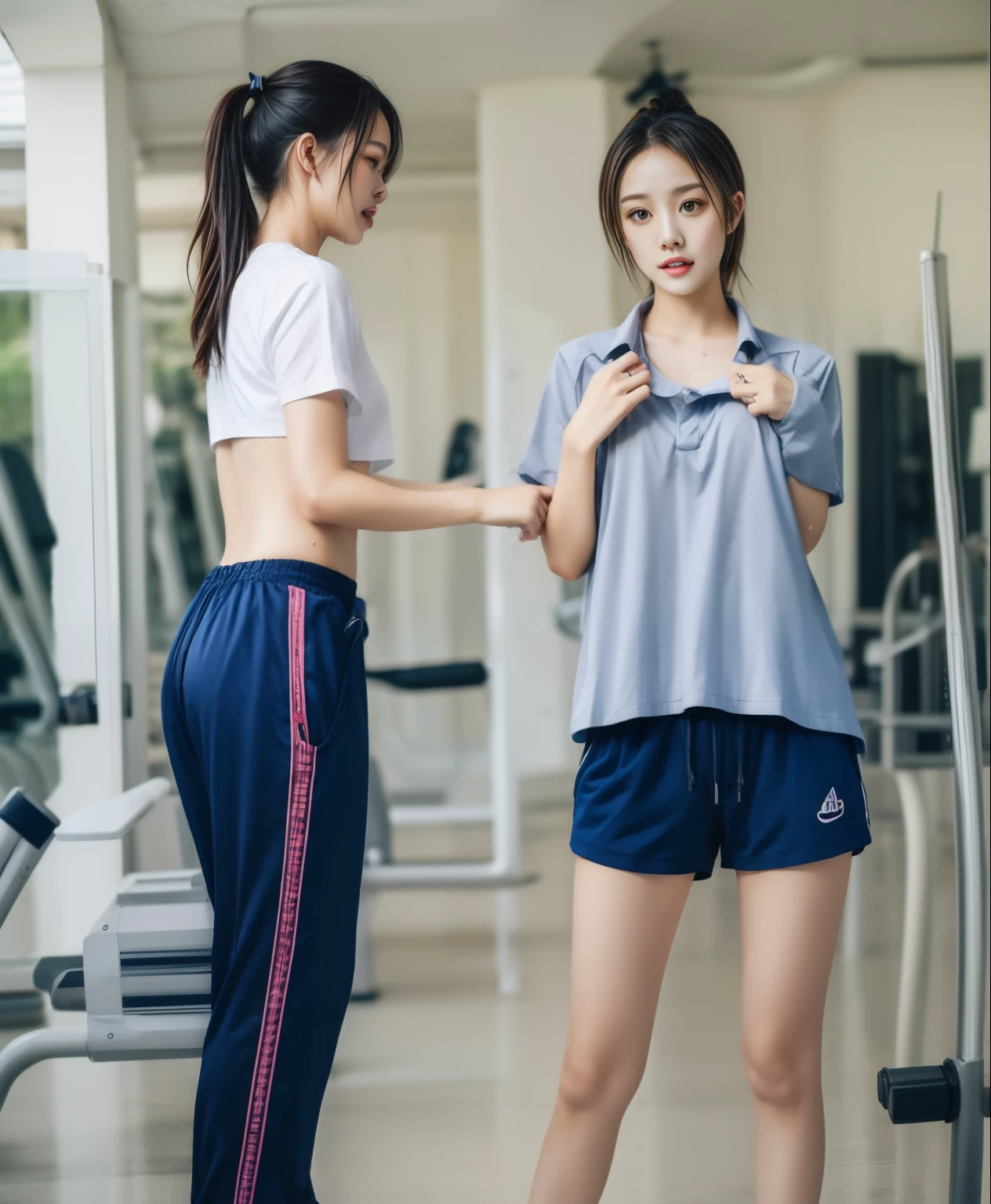 3 girls in fitness center, Blue short sleeve shirt,Sweatpantsขายาวสีกรมท่า,Sweatpants, Sweatpantsขายาว,25 year old girl, lesbian, sexy, exercise clothes, wet body, exercise clothes