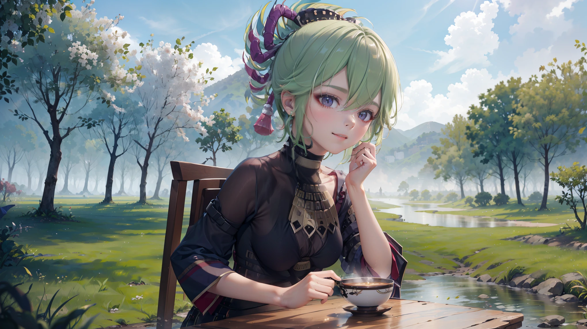 (best quality,8k,highres,masterpiece:1.2),(realistic,photorealistic,photo-realistic:1.37), ในตาสีม้วง, ชุดเมดแบบคลาสสิค, traditional Japanese bakery,beautiful detailed eyes,happiness,glowing eyes,smiling,peaceful atmosphere,traditional Japanese clothes,working(คุณภาพดีที่สุด,เต็มรูปแบบ,โฆษณา:1.2),แสงสว่างและอบอุ่น,หวานง่มงวง,ความสุขบริบูรณ์,รอยยิ้มสดใส,sakura tree,tranquil,aroma scent,dreamlike,vivid colors,subtle lighting,traditional Japanese tea set,lively ambiance