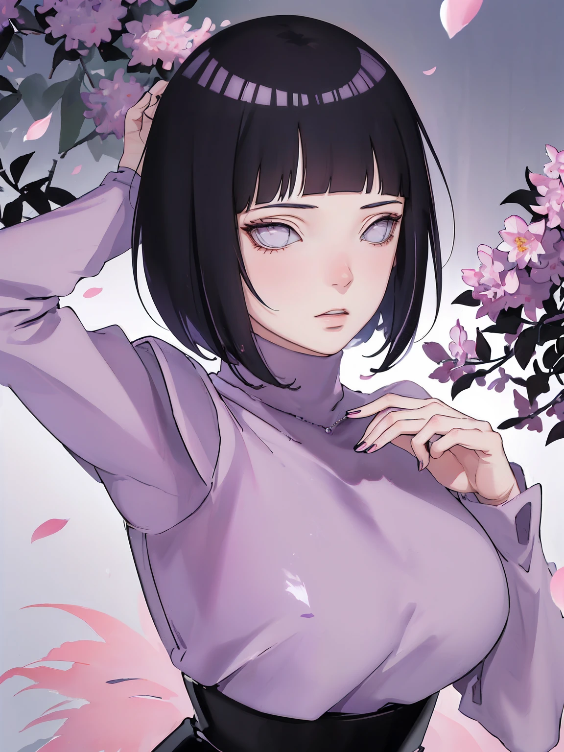 { - anatomy error} (Masterpiece - Ultra-detailed, very high resolution) (huge titusty, masterpiece, absurdres, hinata\(boruto\), 1girl, solo,mature female, lilac turtleneck blouse, high waist black long skirt, looking at viewelling petals), perfect composition, detailed lips, big breast, beautiful face, body propotion, blush, (pink lips), short hair, (black hair), purple eyes, soft gaze, super realistic, detailed, photoshoot, realistic face and body, closed mouth , lilac eyes, full body, upper body , backwards, looking back, black boots, hidden hands, perfect fingers, inocent face
