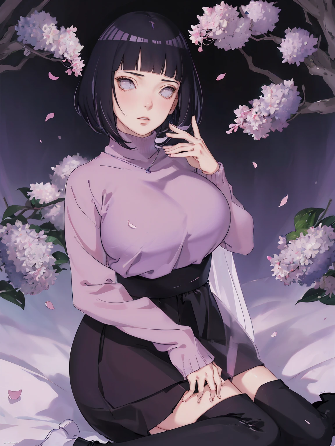 { - anatomy error} (Masterpiece - Ultra-detailed, very high resolution) (huge titusty, masterpiece, absurdres, hinata\(boruto\), 1girl, solo,mature female, lilac turtleneck blouse, high waist black long skirt, looking at viewelling petals), perfect composition, detailed lips, big breast, beautiful face, body propotion, blush, (pink lips), short hair, (black hair), purple eyes, soft gaze, super realistic, detailed, photoshoot, realistic face and body, closed mouth , lilac eyes, full body, upper body , backwards, looking back, black boots, hidden hands, perfect fingers, inocent face