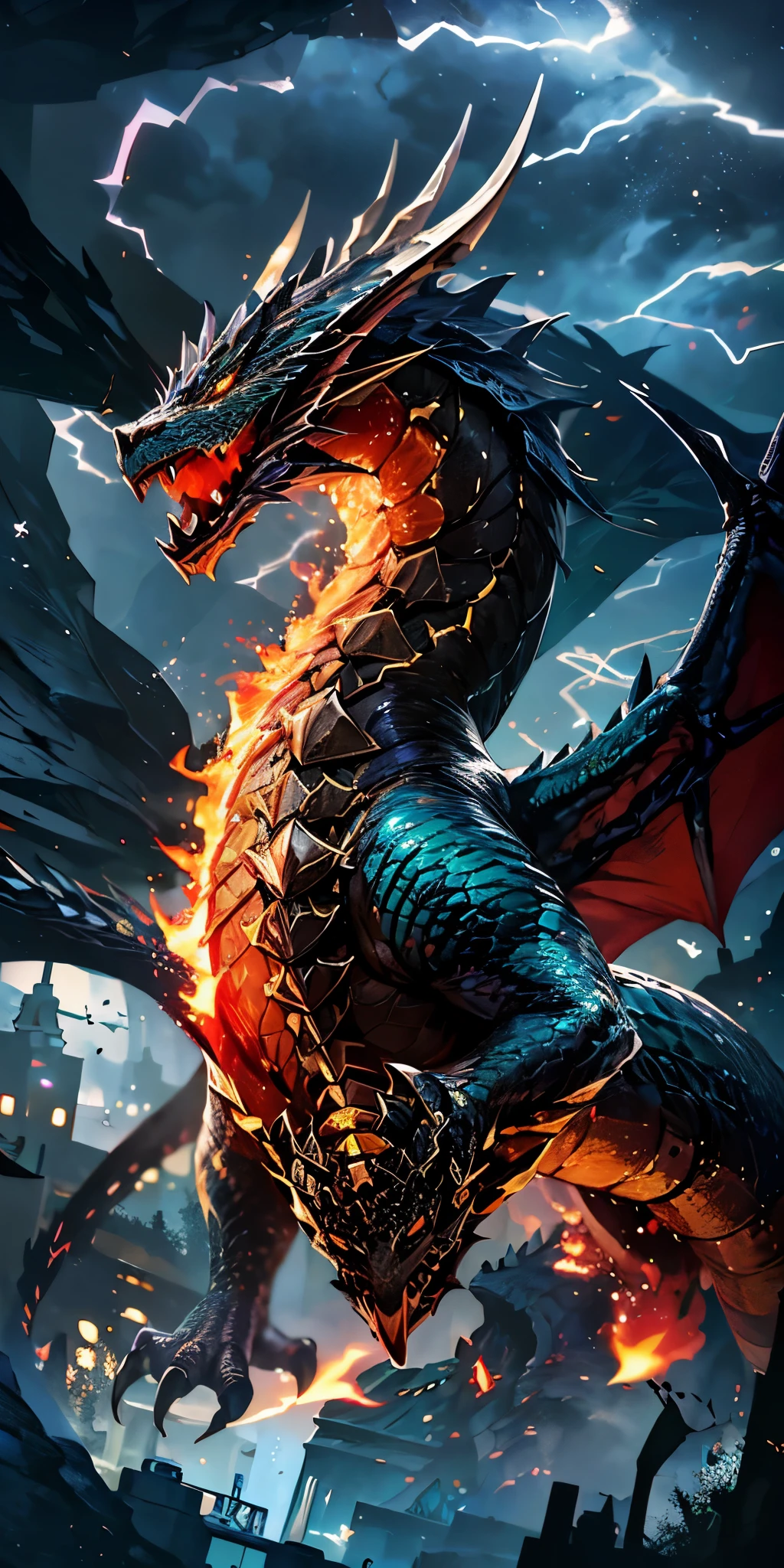 a close up of a dragon with a lightning bolt in the sky, epic dragon, fire dragon, dragon art, fire flaming dragon serpent, ''dragon breathing fire, dragon breathing fire, storm dragon, fire breathing dragon, colossal dragon as background, charging through a dragons lair, firebreathing dragon, by Adam Marczyński, phoenix dragon, lightning dragons attack, dragon