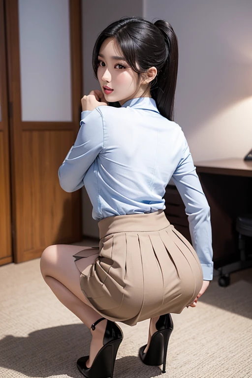 top-quality、8K、Realisticity、hi-school girl、独奏、校服、Clothes are sheer、I see underwear、a miniskirt、I don't wear a skirt、Panties are see-through、Black underwear、big butts、facing back、Looking back、Embarrassed look、Schools、early evening、‎Classroom、Do not output characters