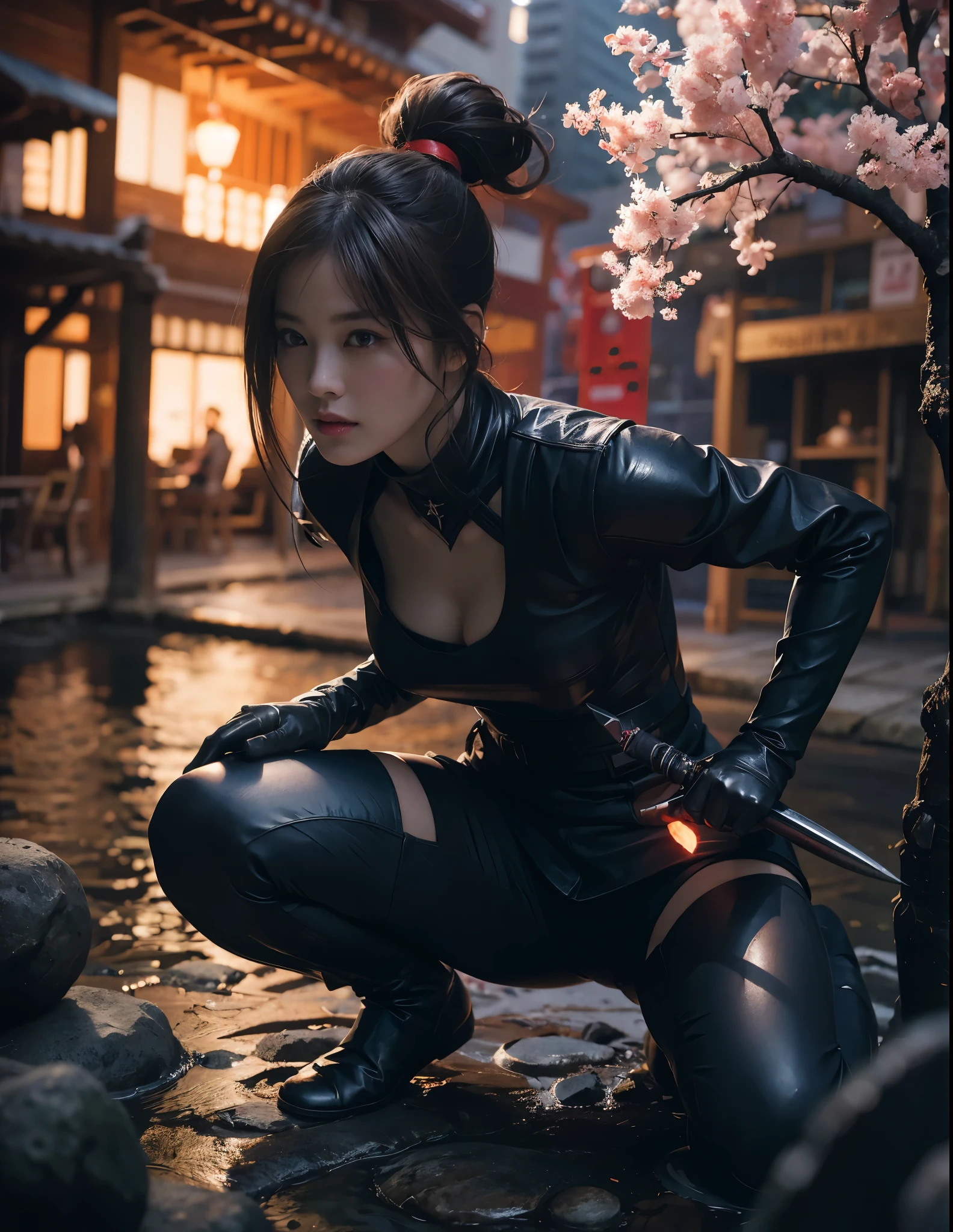 , close shot, girl focus,Random pose,A female ninja on her way to her enemy,sexy full body, ponytail hair, skull drawing mask,sexy ninja suit, holding a metal battle knife,tattoo,BREAK japanese pagoda,pond, Sakura tree, kunai and shuriken lay around,artwork,3D,4K,Detailed,Realistic,4k highly detailed digital art,octane render, bioluminescent, BREAK 8K resolution concept art, realism,by Mappa studios,masterpiece,best quality,official art,illustration,ligne claire,(cool_color),perfect composition,absurdres, fantasy,focused,rule of thirds