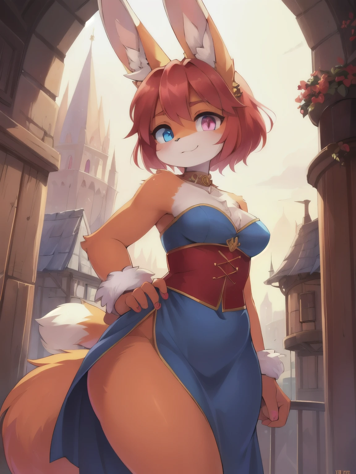 masterpiece, soft shading, 1girl, Furry, bunny ears, cat tail, anthropomorphic, female, orange fur, orange skin, grey belly, (heterochromia, (blue eyes, pink eyes)), red hair, fantasy Noble dress, fantasy city, uploaded on e621, standing