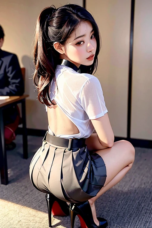 tmasterpiece,best qualtiy,ultra - detailed,illustratio,Falt color,depth of fields,lens flare glow,1girll,Hong Kong beauty,Royal sister style,Raised sexy,sitted,brunette color hair,Lying on the doorway floor,see-through miniskirt,( Rounded ass),(Shame and guilt),(Butt to the camera:1.4),(full bodyesbian),Split legs,(ass close up),(Hands on the butt:1.4),Transparent and simple clothing,Detailed skin texture,Nice and delicate face,full bodyesbian,Sexual obsession,mature,infatuated,