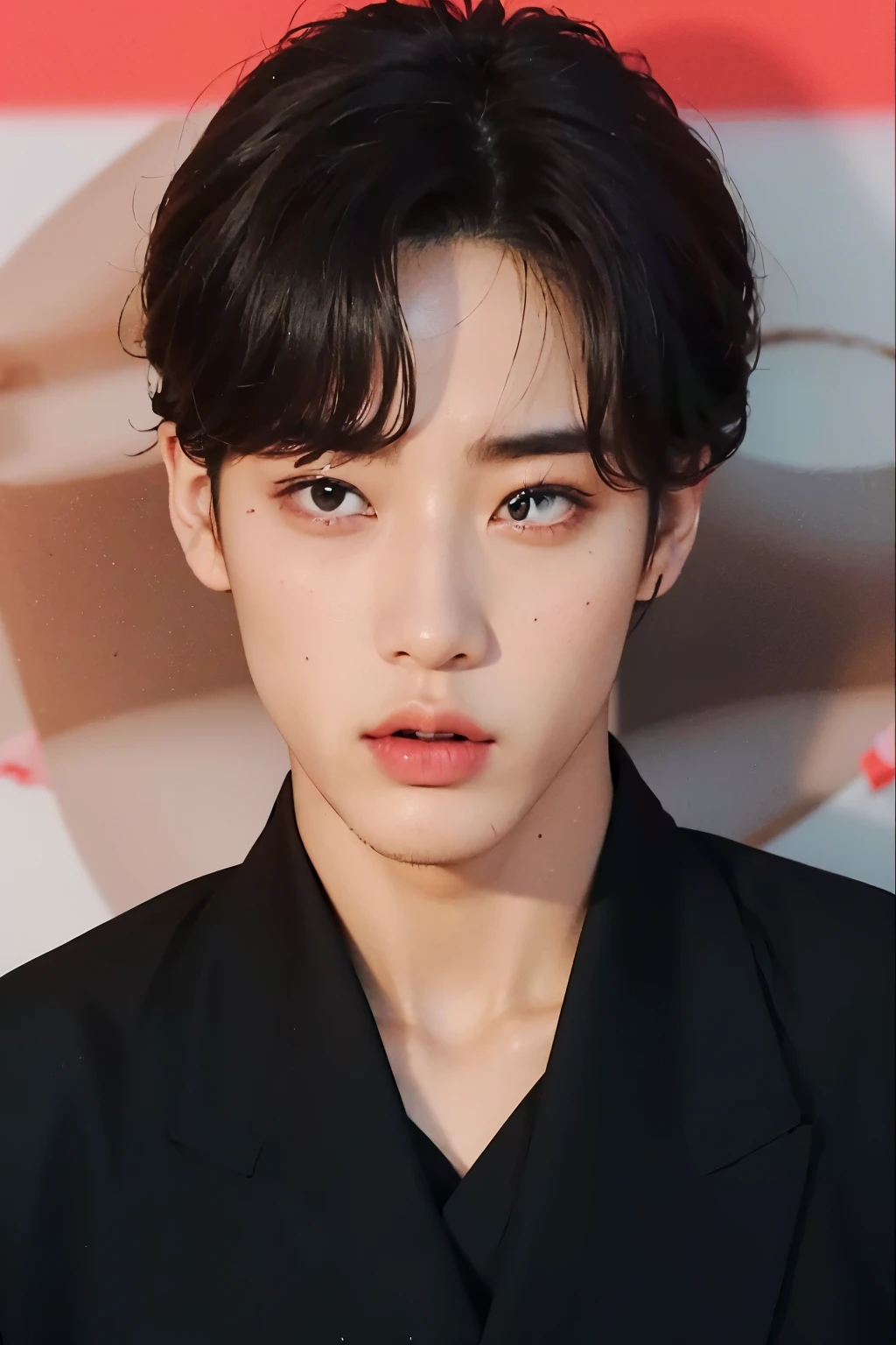 un primer plano de un hombre con una camisa negra y una chaqueta negra, kim doyoung, jinyoung shin, young pale angel, aesthetic jinyoung pimple, diez lee, yanjun chengt, hyung tae, Inspirado por Bian Shoumin, pale korean adorable face, Kpop idol portrait, foto de perfil en la cabeza, kim taejin, jia, Mirada inocente, cai xukun