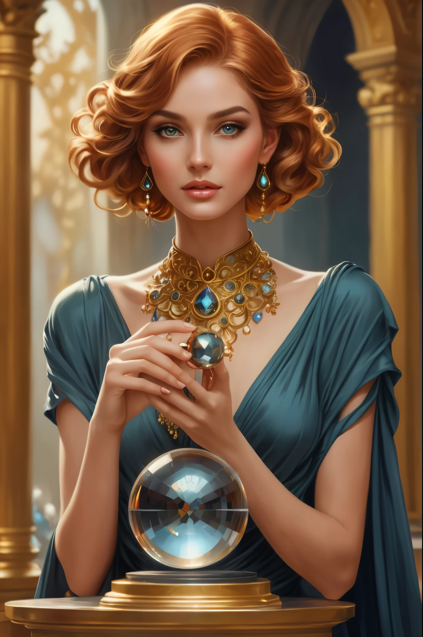 a close up of a woman holding a crystal ball in front of a mirror, fantasy art behance, stunning digital illustration, 8k high quality detailed art, realistic fantasy illustration, by Alexander Kucharsky, fantasy art style, beautiful digital illustration, a woman holding an orb, retro and fantasy style, 8k stunning artwork, exquisite digital illustration, beautiful fantasy art portrait