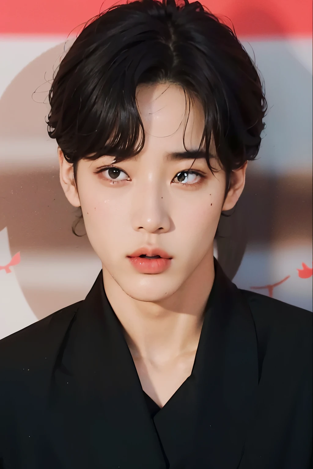un primer plano de un hombre con una camisa negra y una chaqueta negra, kim doyoung, jinyoung shin, young pale angel, aesthetic jinyoung pimple, diez lee, yanjun chengt, hyung tae, Inspirado por Bian Shoumin, pale korean adorable face, Kpop idol portrait, foto de perfil en la cabeza, kim taejin, jia, Mirada inocente, cai xukun