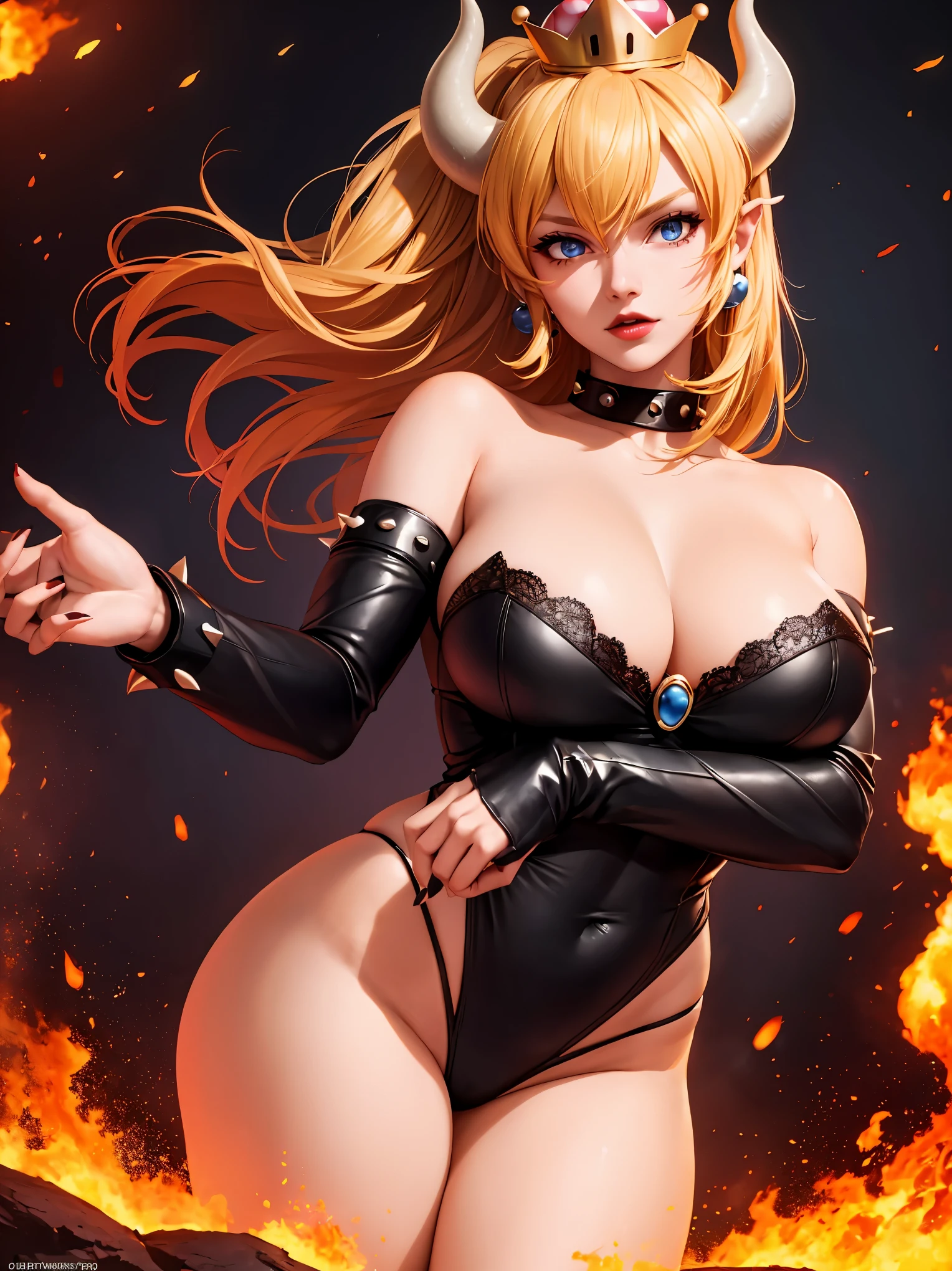 ((high detailed, best quality, 4k, masterpiece, hd:1.3)), ((best quality)), (((HD))), (((8k))), (ultraDH), (ultra HD), Princess Daisy, blue eyes, BREAK blue eyes, seductive, attractive, smooth anime cg art, 36C breasts, long legs, vivid colors, detailed digital art, slim body, perfect skin, dark blonde hair, long hair, blonde hair, blonde hair, BREAK crown, cleavage, 36C cleavage, looking at viewer, BREAK looking at viewer, extremely detailed face, red santa suit, red santa claus suit, santa claus suit, earrings, gem, dark black makeup lips, dark gothic eyeshadows, dark eyeshadows, black eyeshadows, black sexy lips, black lips, (dark:1.2), dark lips, very dark lips, (perfect hands, perfect anatomy), black makeup, black medium lips, black thick lips, detailed fingers, five fingers per hand, 5 fingers, (1 girl), detailed lips, detailed black lips, black painted lips, gothic painted lips, BREAK night, night sky, (breast focus), (arms outstreched:1.2), (from above:1.1), (breasts out:1.3), (off shoulder:1.1), (white horns), (bra), inside a lava castle, she inside a sea of lava, she bathing in lava,