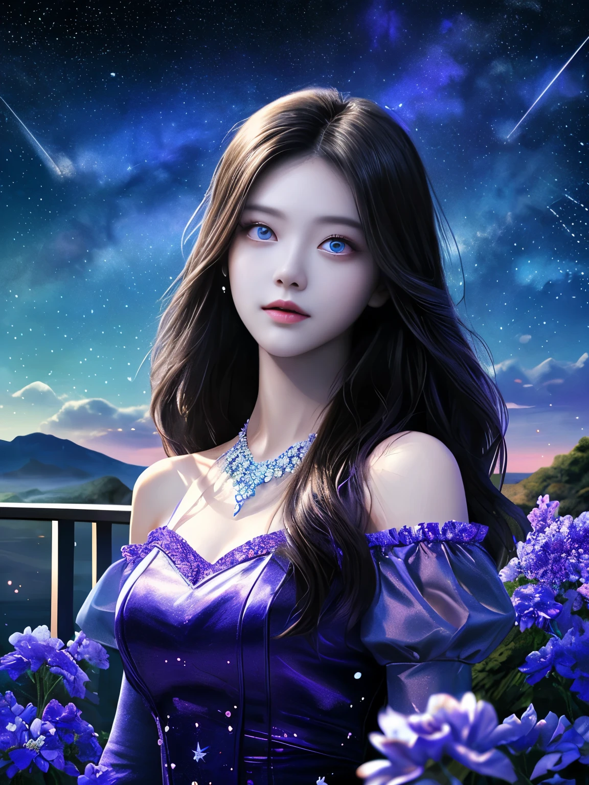 masterpiece, best quality, Super detailed, illustration, , , 1 girl,alone, image body, flower, looking at the audience, , , purple eyes, jewel eyes, extremely detailed eyes, extremely detailed face,, , Star (Sky), constellation,  purple energy,  railing, meteor