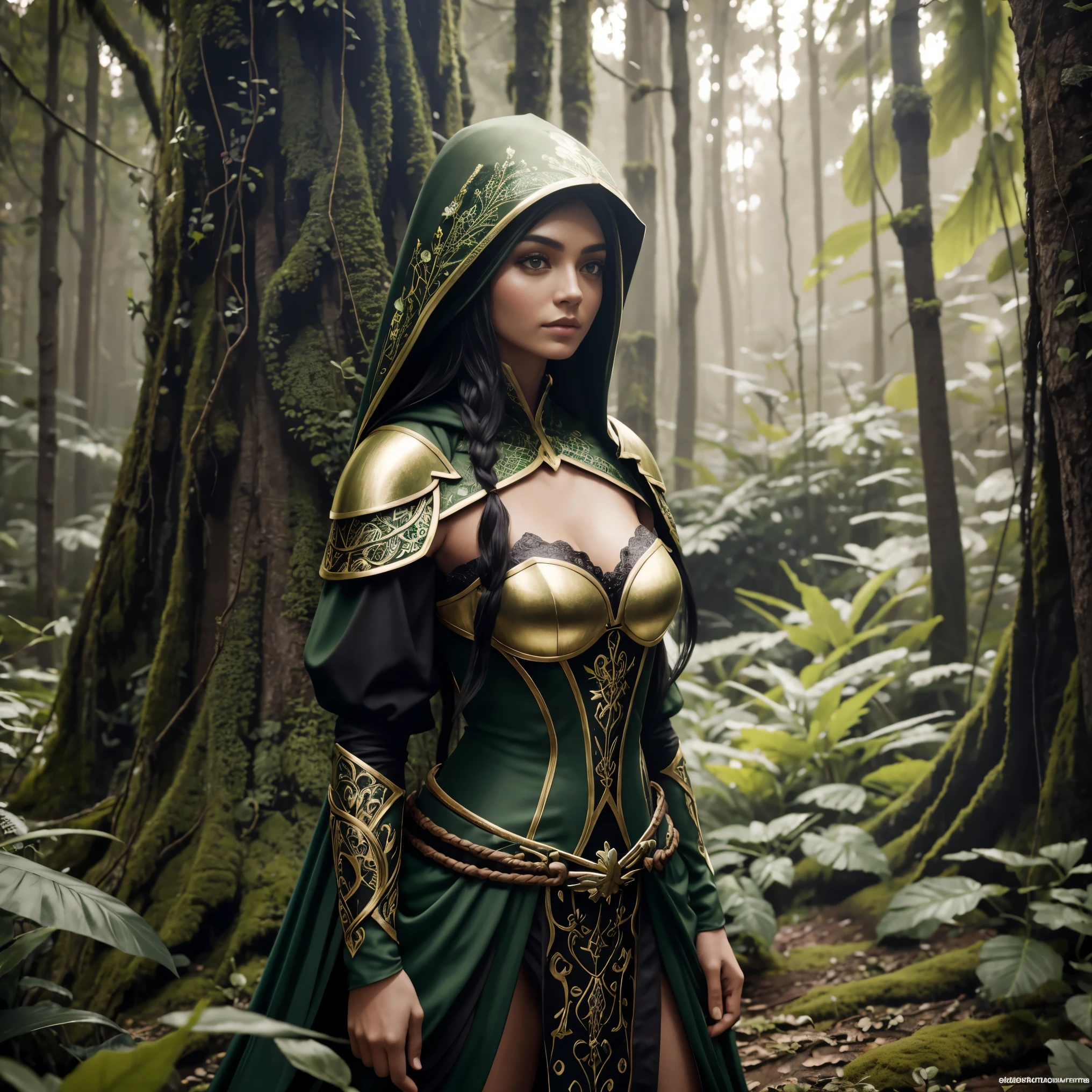 elfo da floresta bonito, cara bonita, Belo corpo, Cabelo preto, vestindo armadura, capa verde, em uma floresta, 8k, extremamente detalhado, ultra realista