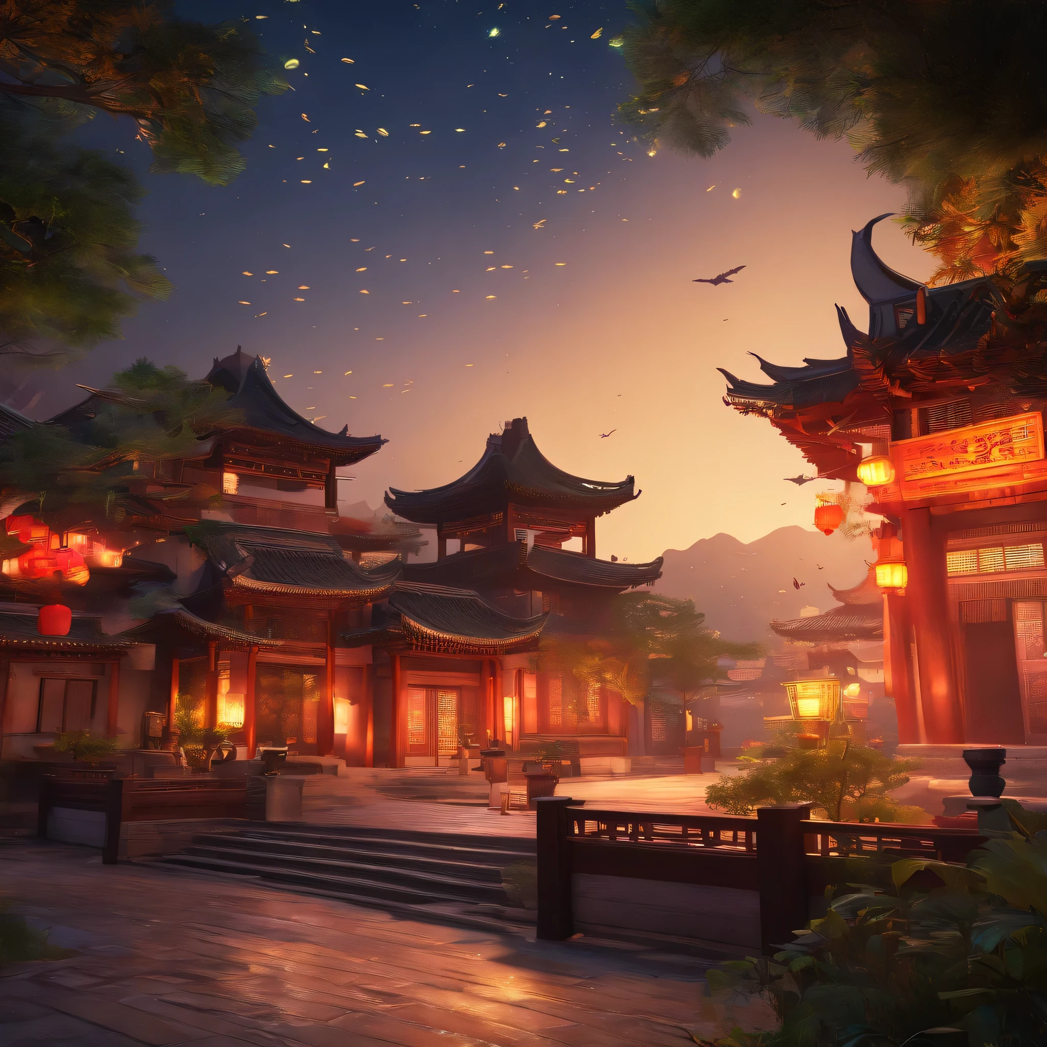 official art, ancient China, old townscape, (lots of fireflies), (night), (two), light, beautiful scenery, spectacular scenery, realistic lighting, construction, high quality, beautiful graphics, high detail, global illumination, unreal engine rendering, octane rendering, (HDR:1.3)