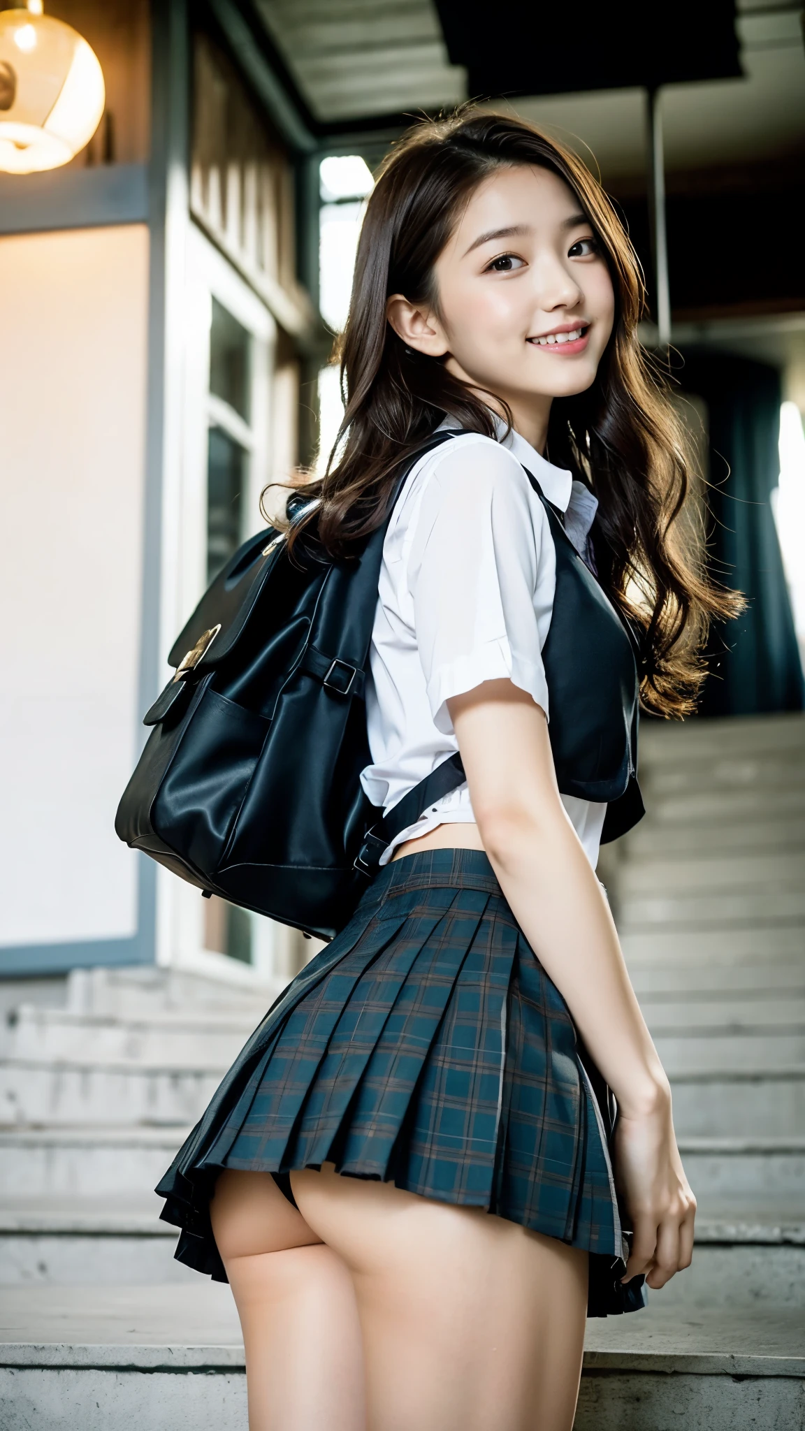 Stand in the classroom of school２girl girl,white uniform with red tie,dark blue closed blazer,blue and red plaid miniskirt:1.5,18-year-old,bangs,a little smile,thighs,knees,from below，random pose，pretty girl，slender girl，white panties:1.5，blonde with short cut:1.5，Side waves with a short cut，Carrying a black rucksack，butt exposed:1.5，