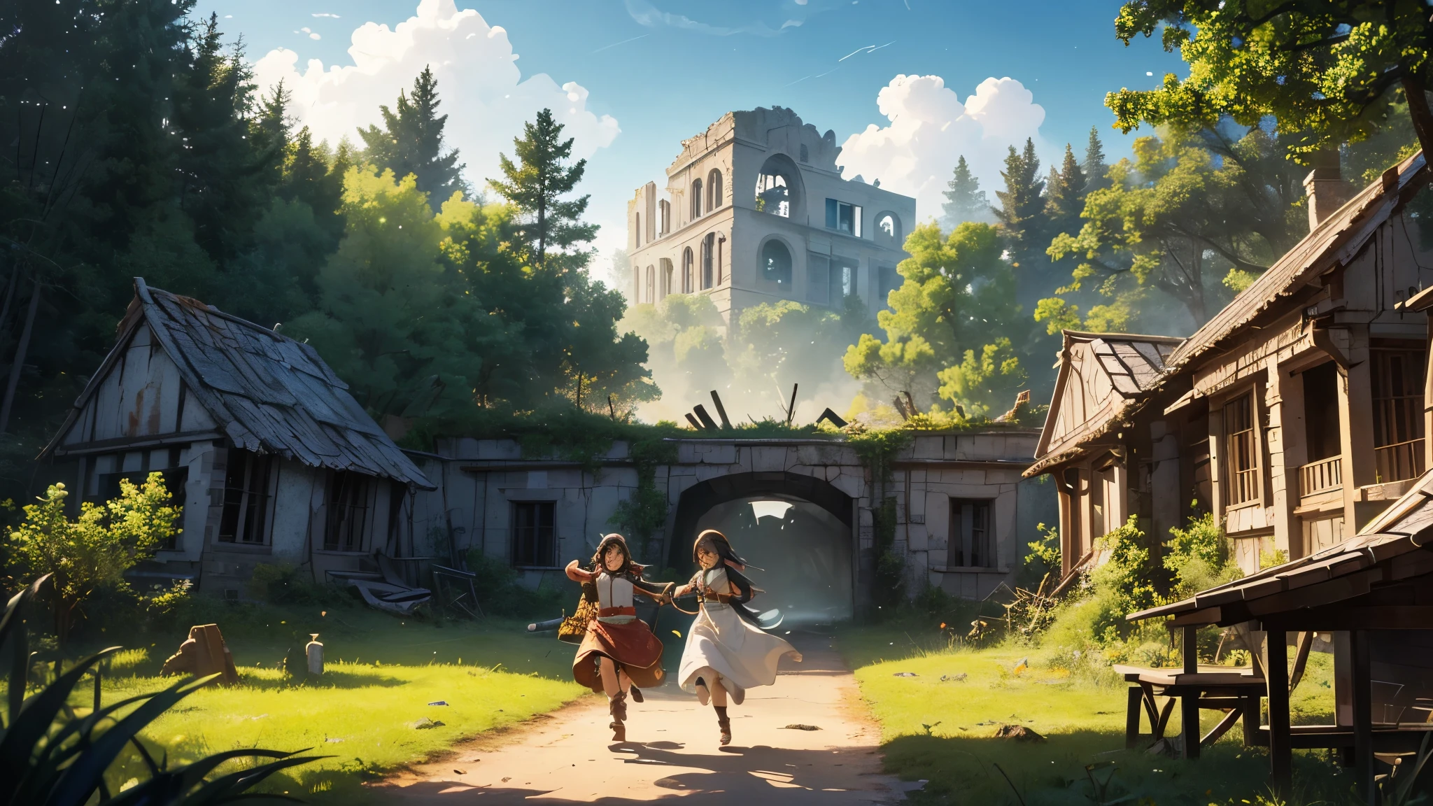 Make a picture of the scene of the story from the Timun Mas folklore which depicts the character of a girl named Timun Mas being being chased by a giant in the form of a "robot" which will be combined with a forest background and damaged people's houses the ruins and the condition of the residents running after being hit by the giant.
