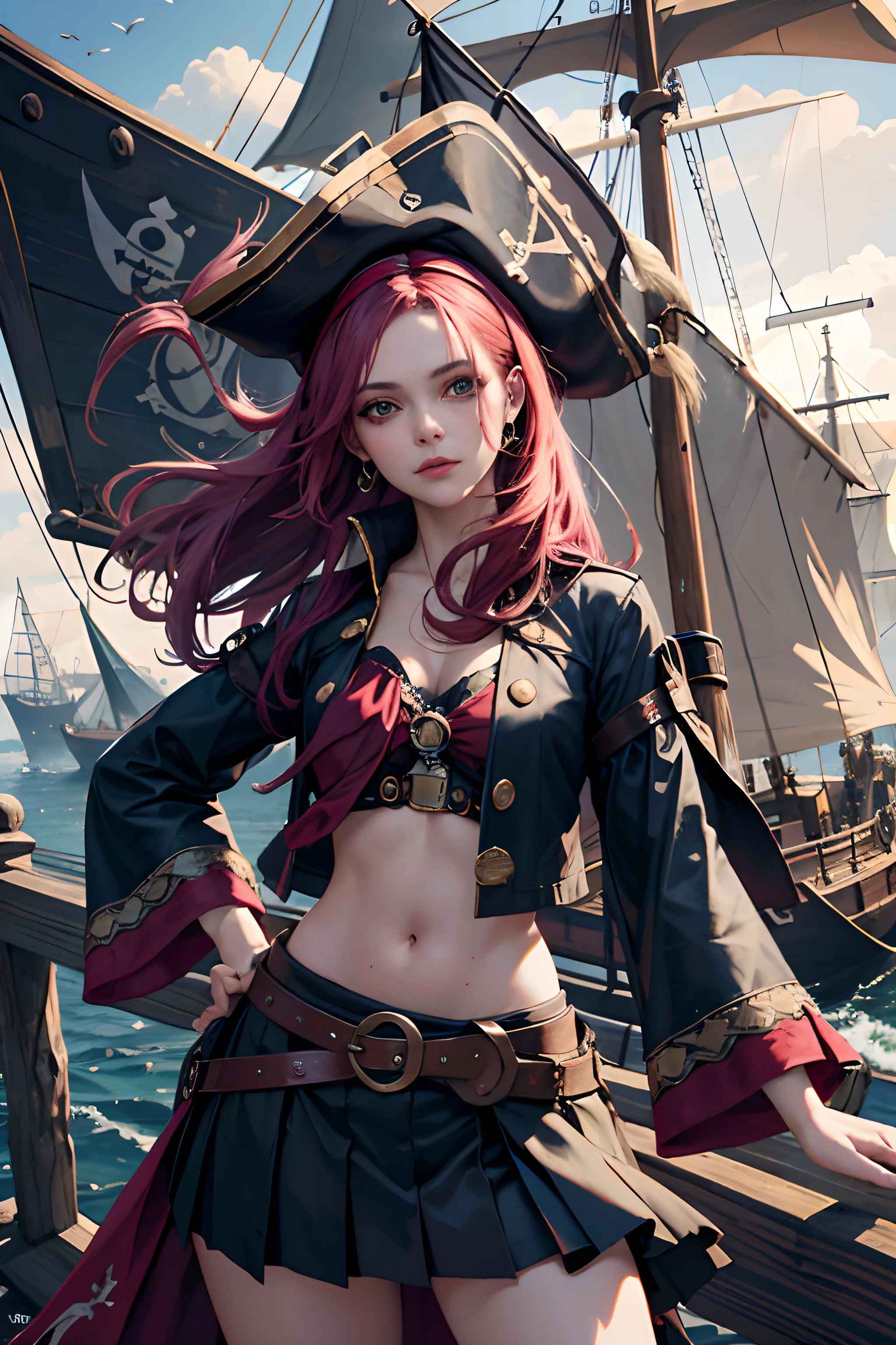 british woman,1 girl,Cute and beautiful Fas,28 years old,Colorful hair,double tail, Practical pirate clothing, (Long-sleeved pirate top), skirt,torn pirate hat, view viewer, fantasy,(Corsair),movie lighting,masterpiece,