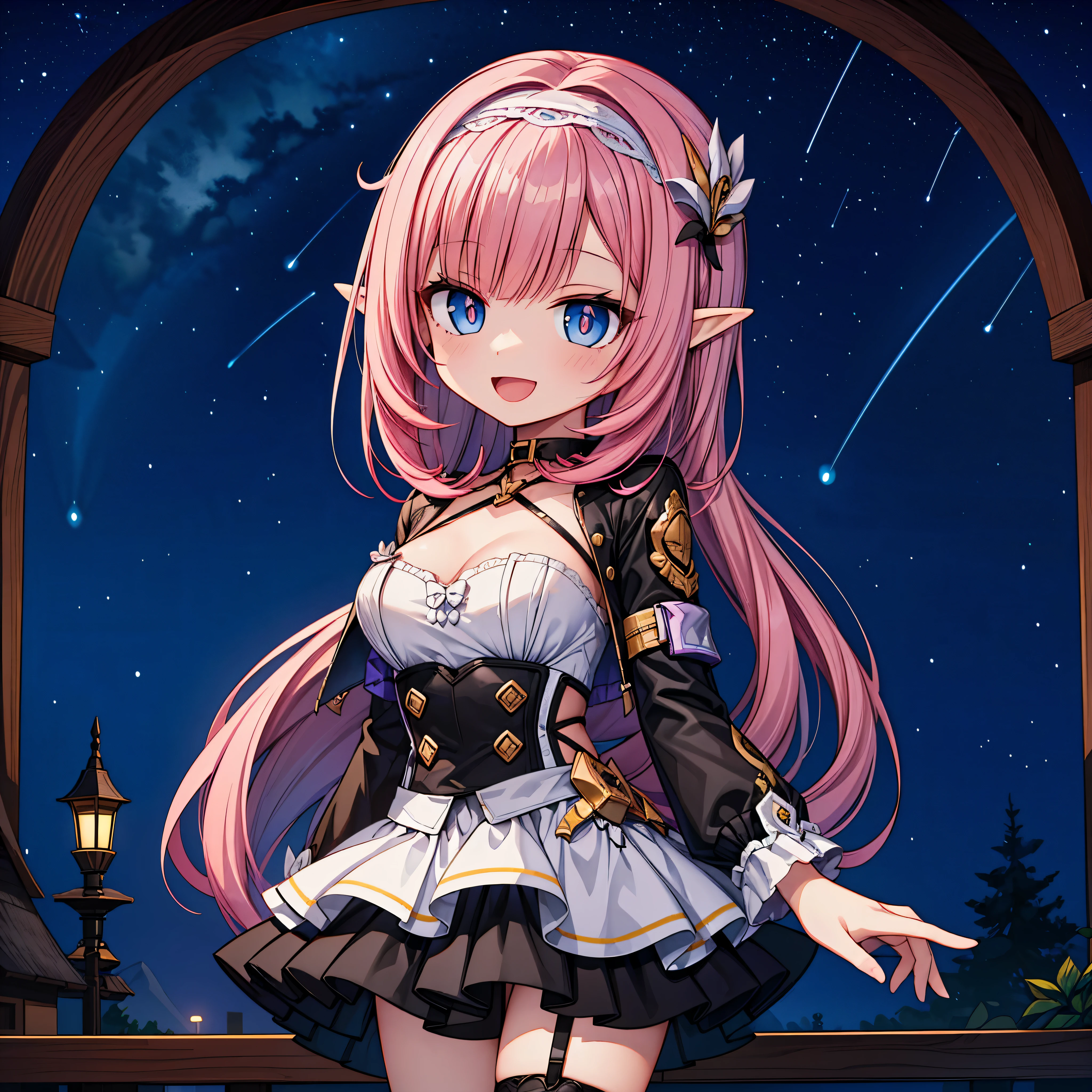 a girl，best picture quality，long pink hair，short jacket，lace headband，short skirt，With a smile，Blue-pink pupils，Elf-like ears，collapse（series），High up in the mountains，under the stars，best quality，waves，for the audience，vivid pupils，Bangs，Chest：d，white garter belt