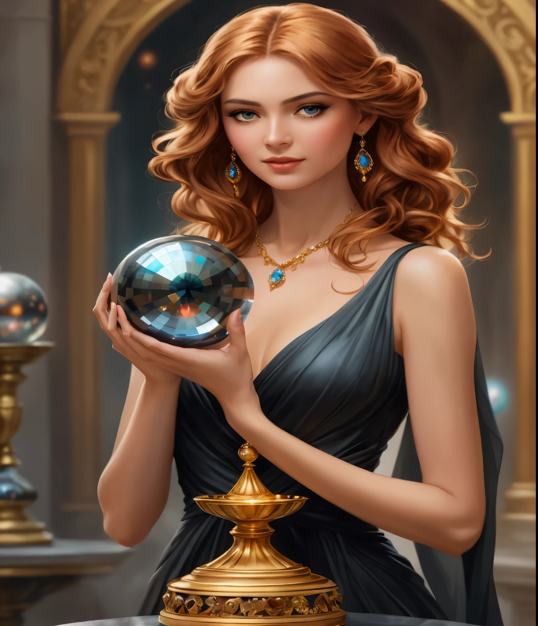 arafed woman in a black dress holding a crystal ball, a woman holding an orb, holding a crystal ball, realistic fantasy illustration, by Fyodor Rokotov, by Alexander Kucharsky, by Roman Bezpalkiv, ( ( konstantin razumov ) ), crystal ball, stunning digital illustration, fantasy art behance
