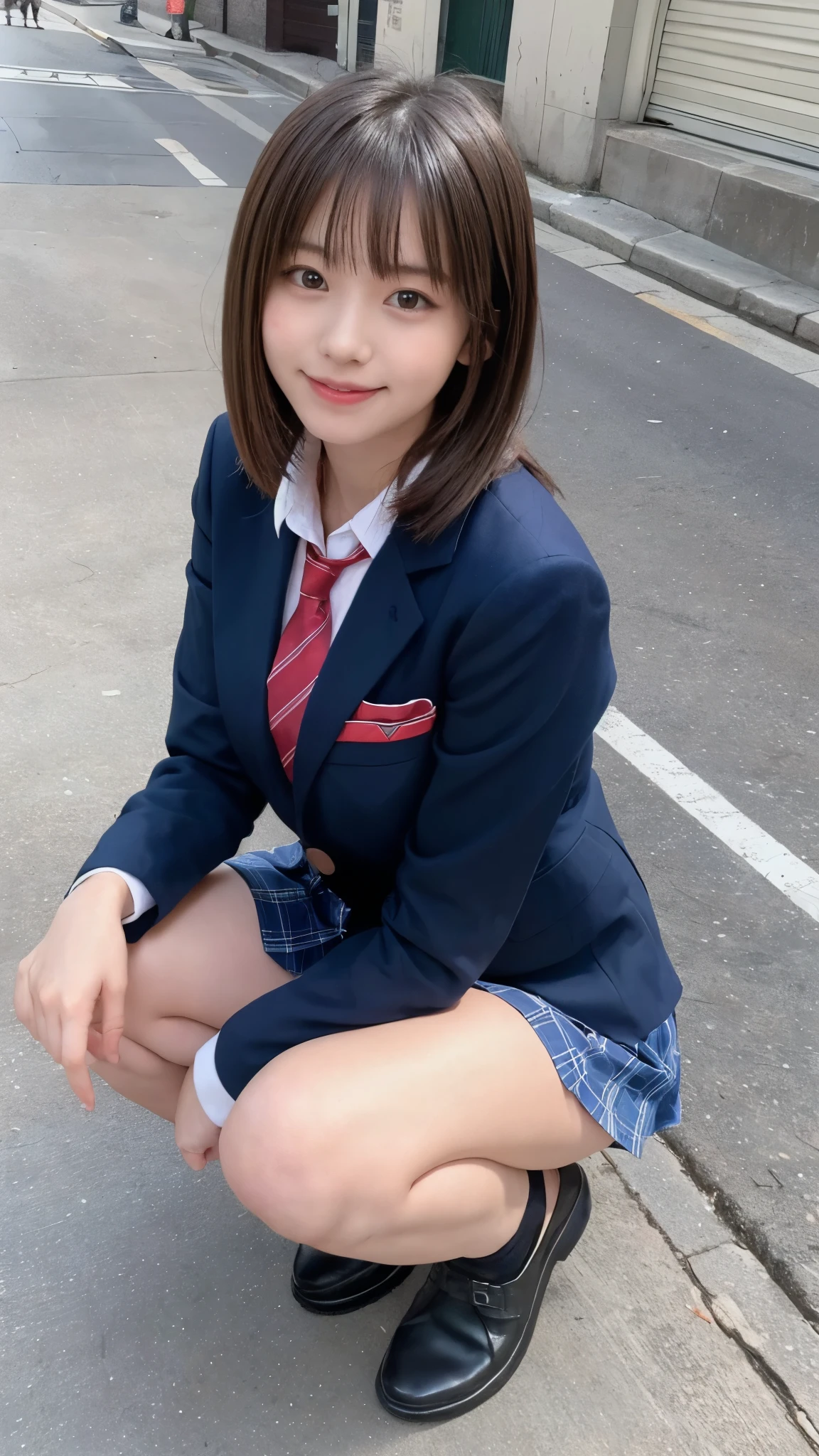 Cute 18 year old girl squatting on the sidewalk,red tie uniform,dark blue closed blazer,blue plaid mini skirt,bangs,a little smile,thighs,knees,Random crouching pose,slender body shape,wear black loafers,