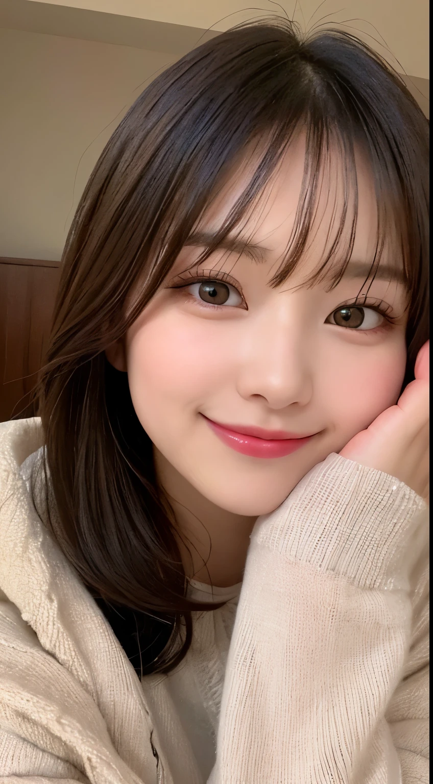 table top, highest quality, shape, Super detailed, finely, High resolution, 8k wallpaper, 完璧なダイナミックな構shape, beautiful and detailed eyes, Tokyo trend knit dress, small breasts, natural color lip,優しいsmile,20 year old girl、beautiful and detailed face、perfect and beautiful face,Big eyes、beautiful and detailed face、perfect and beautiful double eyelids、blur the background、perfect and beautiful face、Feminine poses、blur background、slim face and style、blur background、straight hair、Wear a luxurious mink coat、Bedroom(navy sheets)、lying on the bed、smile、Take a close-up photo of your face、smile