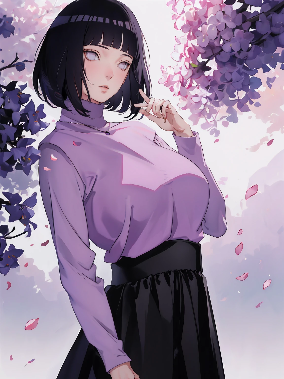 { -  error} (Masterpiece - Ultra-detailed, very high resolution) (huge titusty, masterpiece, absurdres, hinata\(boruto\), 1girl, solo,mature female, lilac turtleneck blouse, high waist black long skirt, looking at viewelling petals), perfect composition, detailed lips, big breast, beautiful face, body propotion, blush, (pink lips), short hair, (black hair), purple eyes, soft gaze, super realistic, detailed, photoshoot, realistic face and body, closed mouth , lilac eyes, full body, upper body , backwards, looking back, with chin resting on shoulder, hidden hands, perfect fingers, inocent face