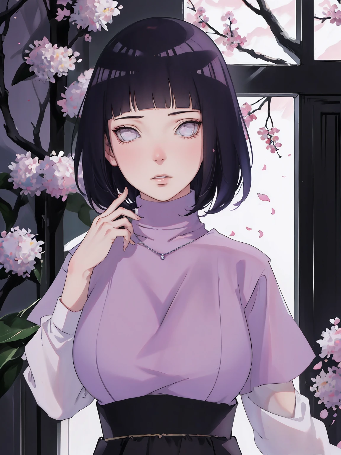 { - anatomy error} (Masterpiece - Ultra-detailed, very high resolution) (huge titusty, masterpiece, absurdres, hinata\(boruto\), 1girl, solo,mature female, lilac turtleneck blouse, high waist black long skirt, looking at viewelling petals), perfect composition, detailed lips, big breast, beautiful face, body propotion, blush, (pink lips), short hair, (black hair), purple eyes, soft gaze, super realistic, detailed, photoshoot, realistic face and body, closed mouth , lilac eyes, full body, upper body , backwards, looking back, with chin resting on shoulder, hidden hands, perfect fingers, inocent face