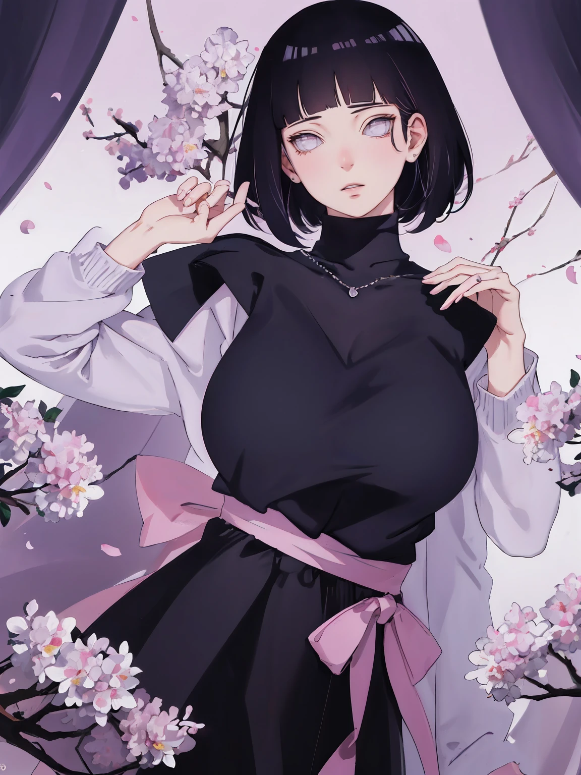 { - anatomy error} (Masterpiece - Ultra-detailed, very high resolution) (huge titusty, masterpiece, absurdres, hinata\(boruto\), 1girl, solo,mature female, lilac turtleneck blouse, high waist black long skirt, looking at viewelling petals), perfect composition, detailed lips, big breast, beautiful face, body propotion, blush, (pink lips), short hair, (black hair), purple eyes, soft gaze, super realistic, detailed, photoshoot, realistic face and body, closed mouth , lilac eyes, full body, upper body , backwards, looking back, with chin resting on shoulder, hidden hands, perfect fingers, inocent face