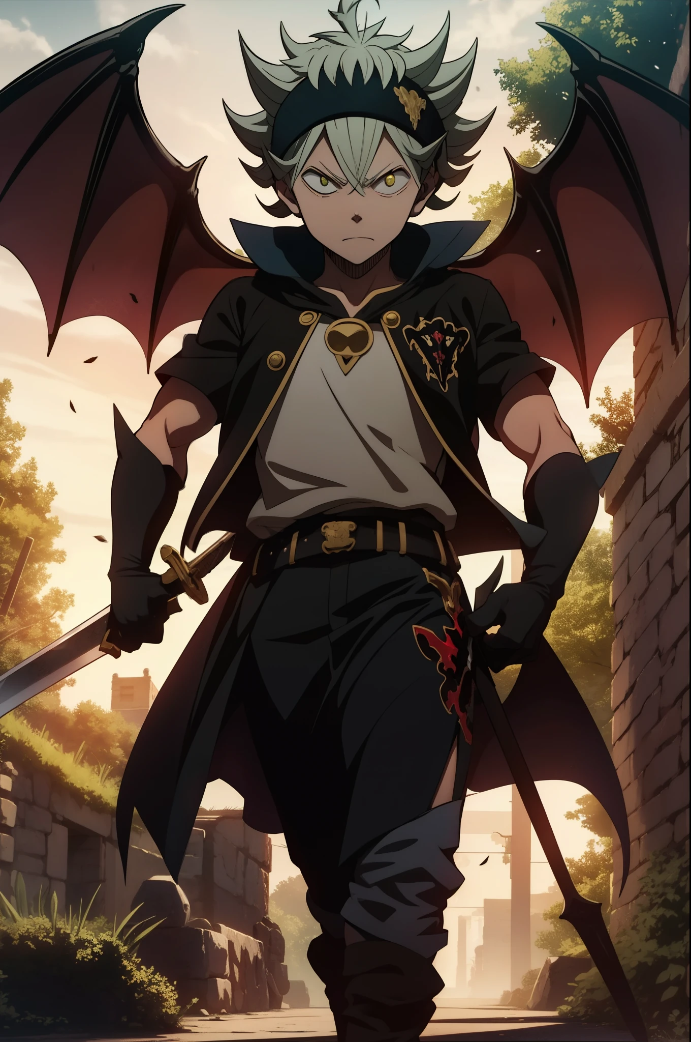 Bonito Asta Black Clover, sword in hand, demonic gaze, Serious red eyes,demon wings, Olhe para os espectadores, half demon side and half human side, momentos de luta