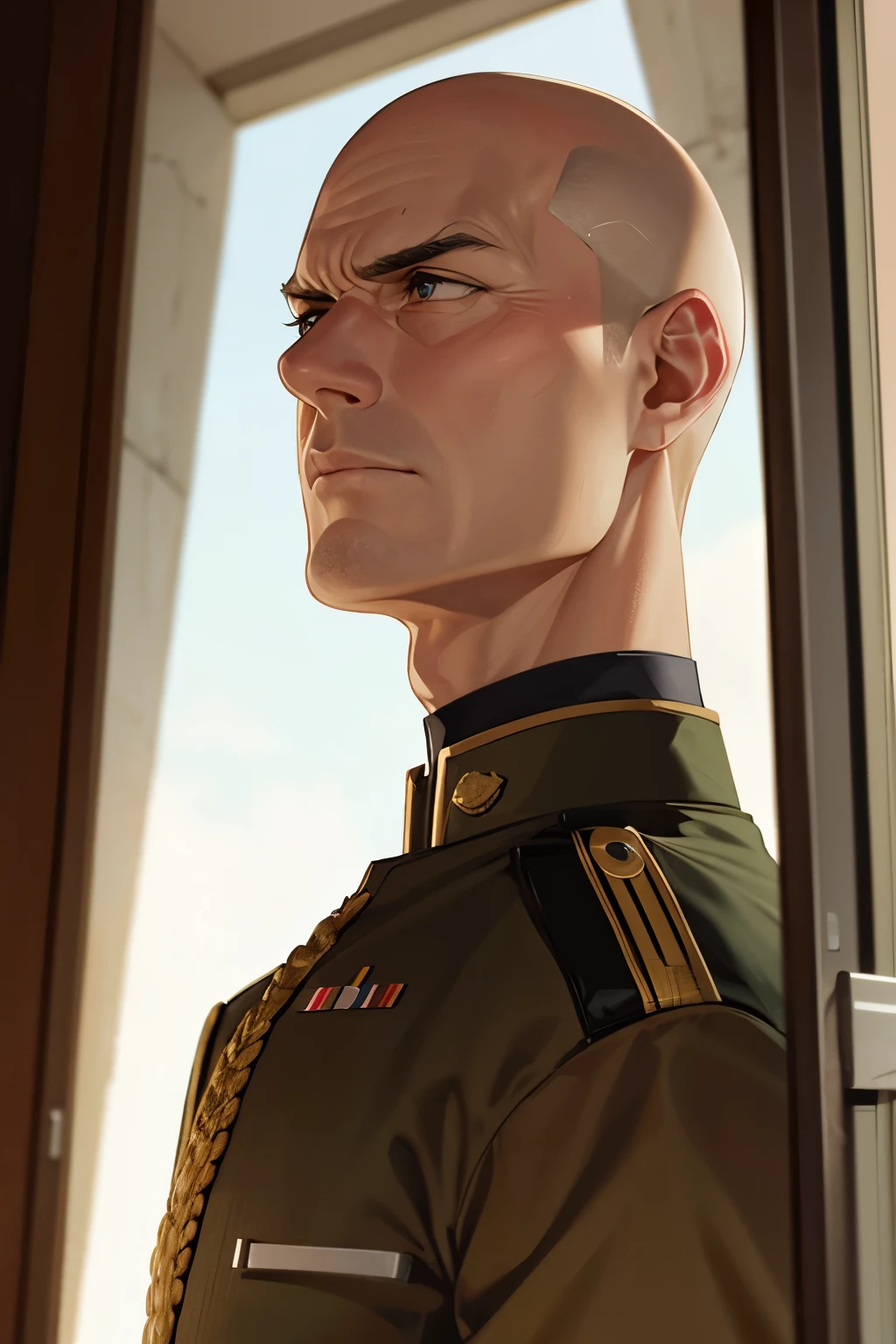 Bald commander who seems stressed out looking out a window