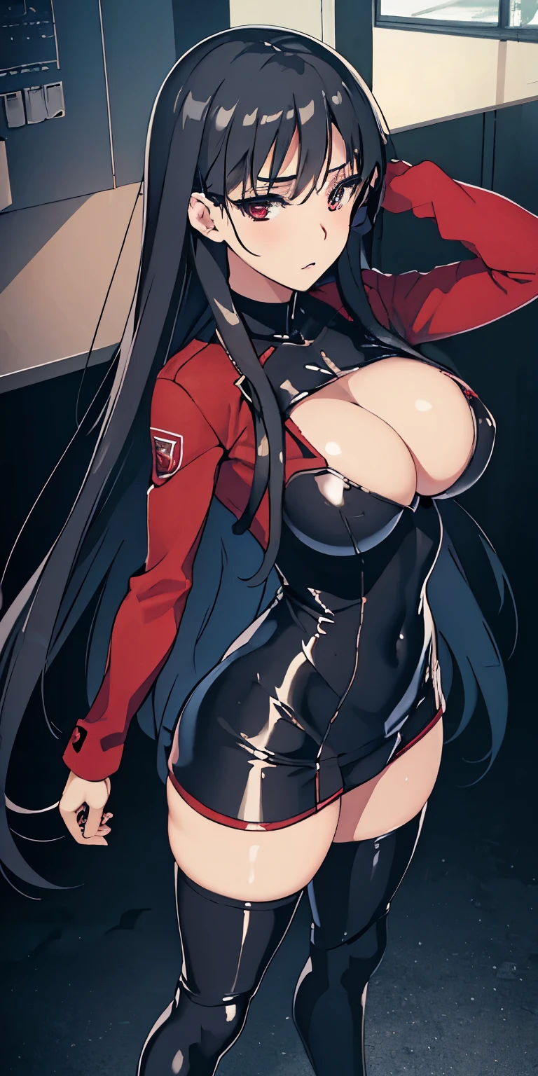masterpiece, best quality, {{1-girl}}, full body, long hair, black-hair, red-eyes, ultra tight black latex clothes, big breasts, big ass, (extremely detailed CG:1.4), highly detailed faces, school background, stay at schoolyard, RTX
