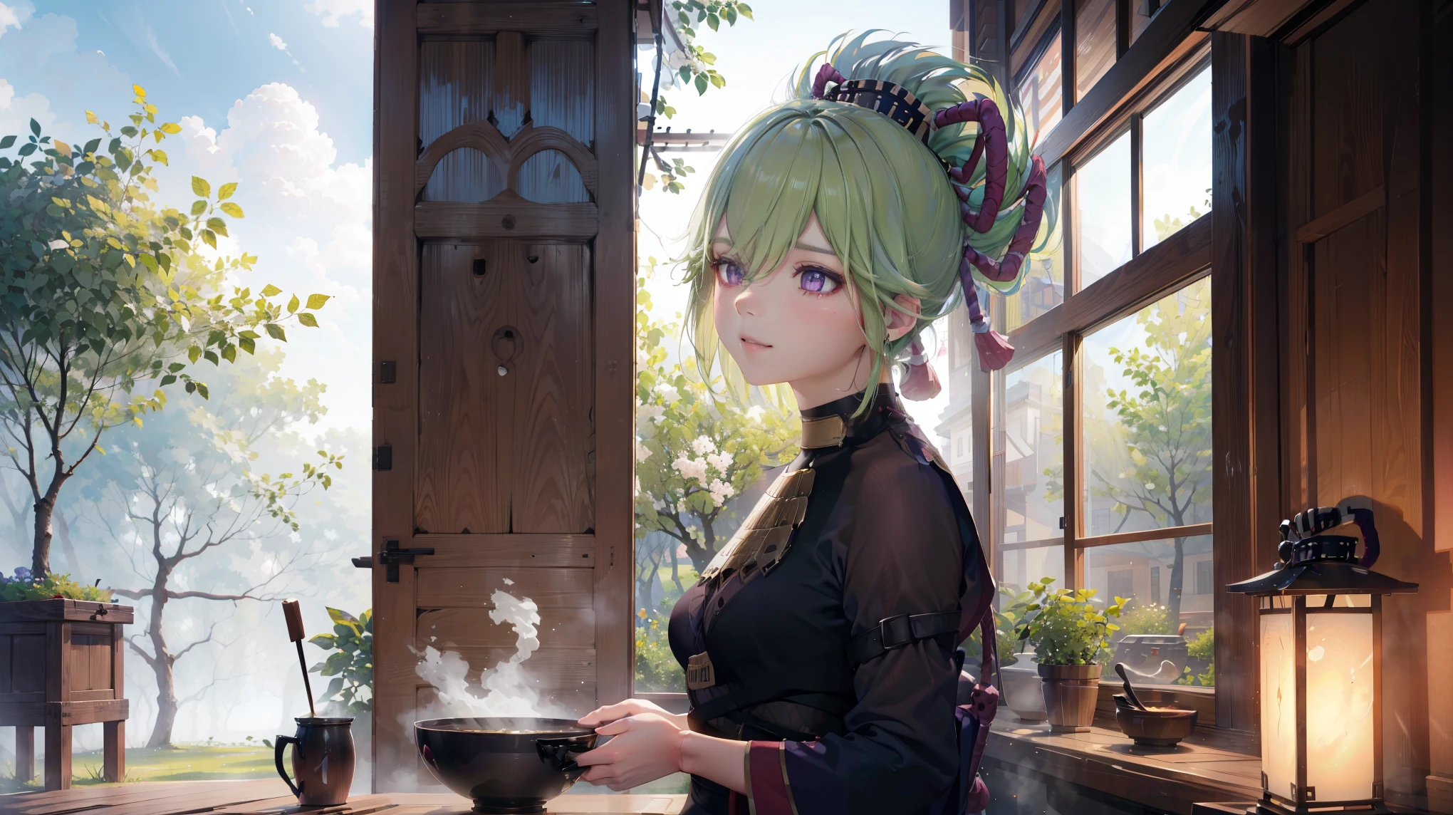 (best quality,8k,highres,masterpiece:1.2),(realistic,photorealistic,photo-realistic:1.37), ในตาสีม้วง, ชุดเมดแบบคลาสสิค, traditional Japanese bakery,beautiful detailed eyes,happiness,glowing eyes,smiling,peaceful atmosphere,traditional Japanese clothes,working(คุณภาพดีที่สุด,เต็มรูปแบบ,โฆษณา:1.2),แสงสว่างและอบอุ่น,หวานง่มงวง,ความสุขบริบูรณ์,รอยยิ้มสดใส,sakura tree,tranquil,aroma scent,dreamlike,vivid colors,subtle lighting,traditional Japanese tea set,lively ambiance