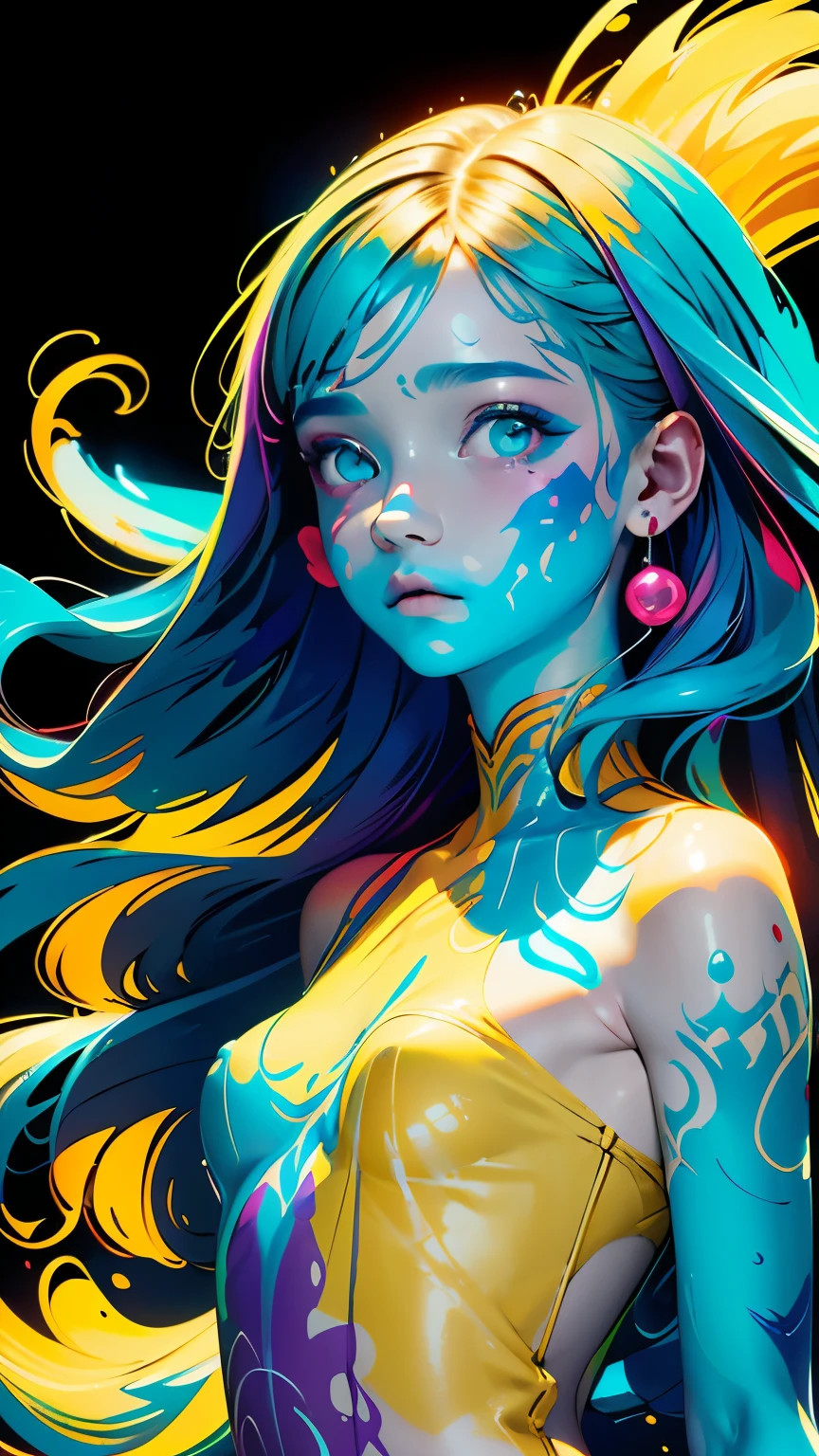 (Super detailed,ultra high resolution,detailed background),((2D)),((flat color)),((colorful)),((floating colorful water)),1 girl,alone,looking at the viewer,break、body paint、beauty of women、white face、luminous paint、warm color、