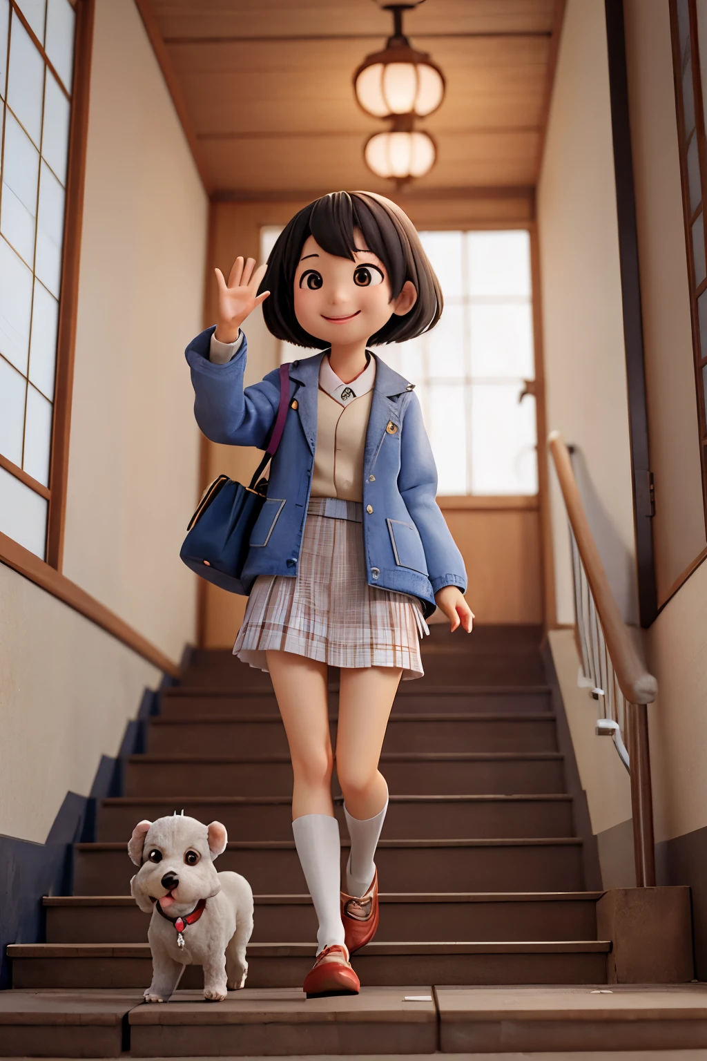 A japanese girl in jacket smiling sadly while waving to her grey poodle walking away to stairs of heaven as it has already passed away.