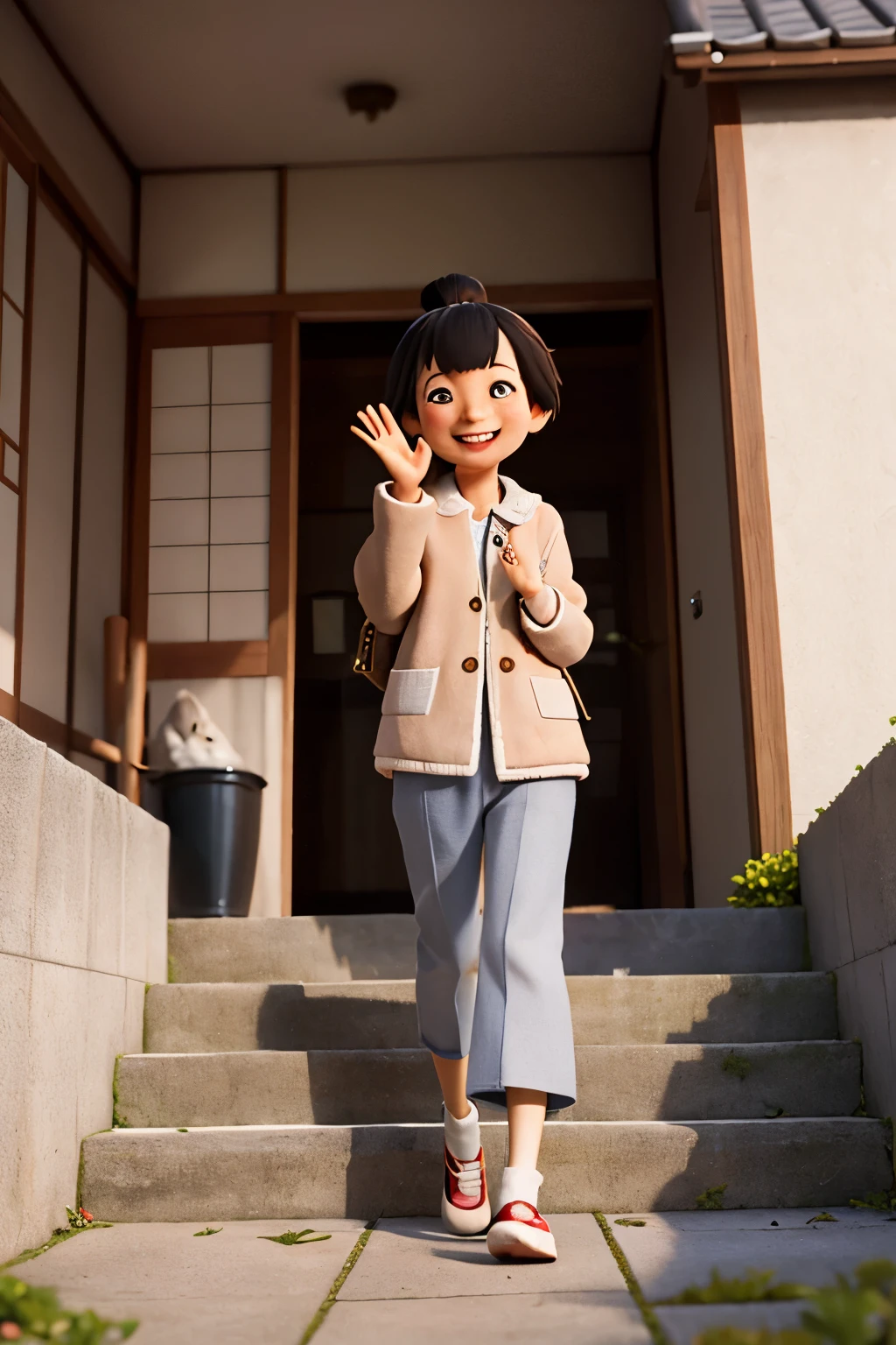 A japanese girl in jacket smiling sadly while waving to her grey poodle walking away to stairs of heaven as it has already passed away.