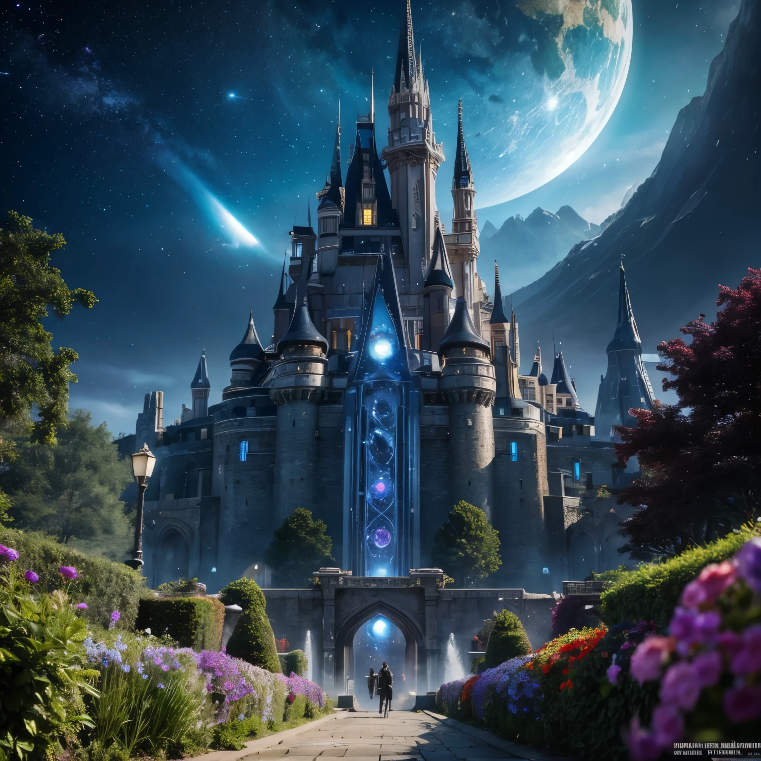 Sci fi City with a lot of Hubway, Surrounding by celestial Waterfall and Garden, Big castle In the Middle, Destiny The Witch Queen Theme Environment, highly epic detailed geometric futuristic:1.5), centered, Wide Angle of an Insanely colorful epic realistic, Galaxy sky