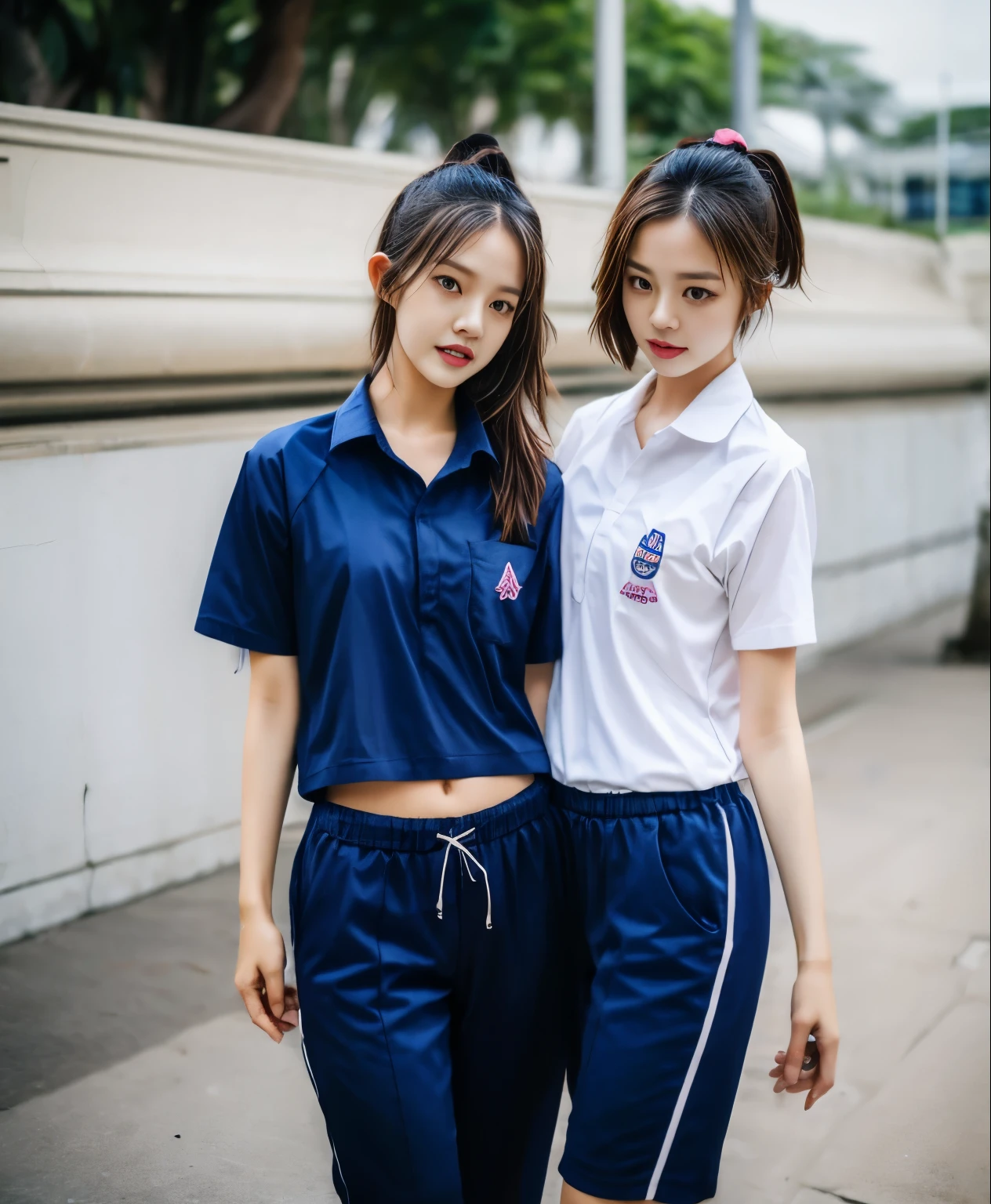 3 girls in Bangkok, Blue short sleeve shirt,Sweatpantsขายาวสีกรมท่า,Sweatpants, Sweatpantsขายาว,25 year old girl, lesbian, sexy, exercise clothes, wet body, exercise clothes