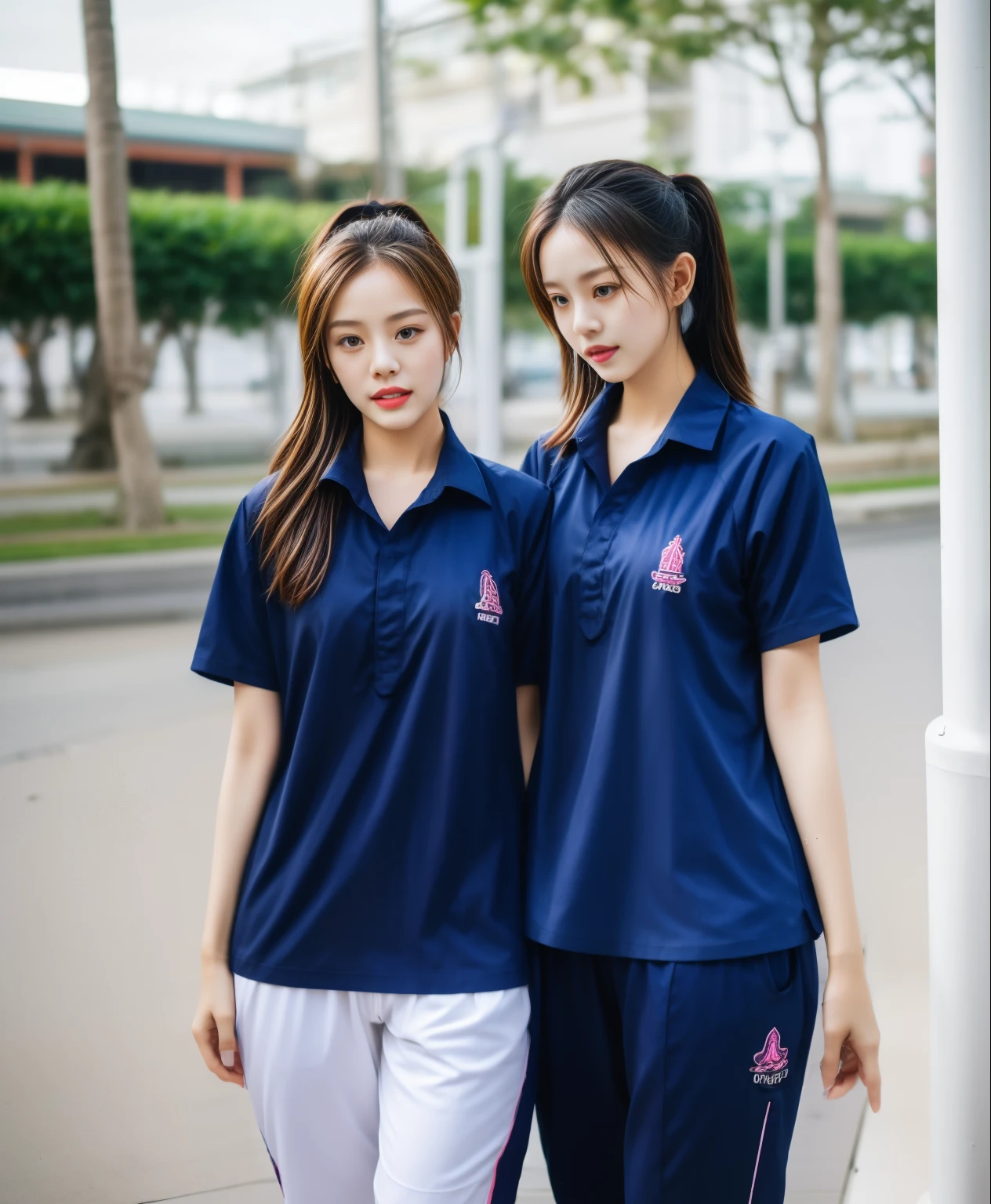 3 girls in Bangkok, Blue short sleeve shirt,Sweatpantsขายาวสีกรมท่า,Sweatpants, Sweatpantsขายาว,25 year old girl, lesbian, sexy, exercise clothes, wet body, exercise clothes