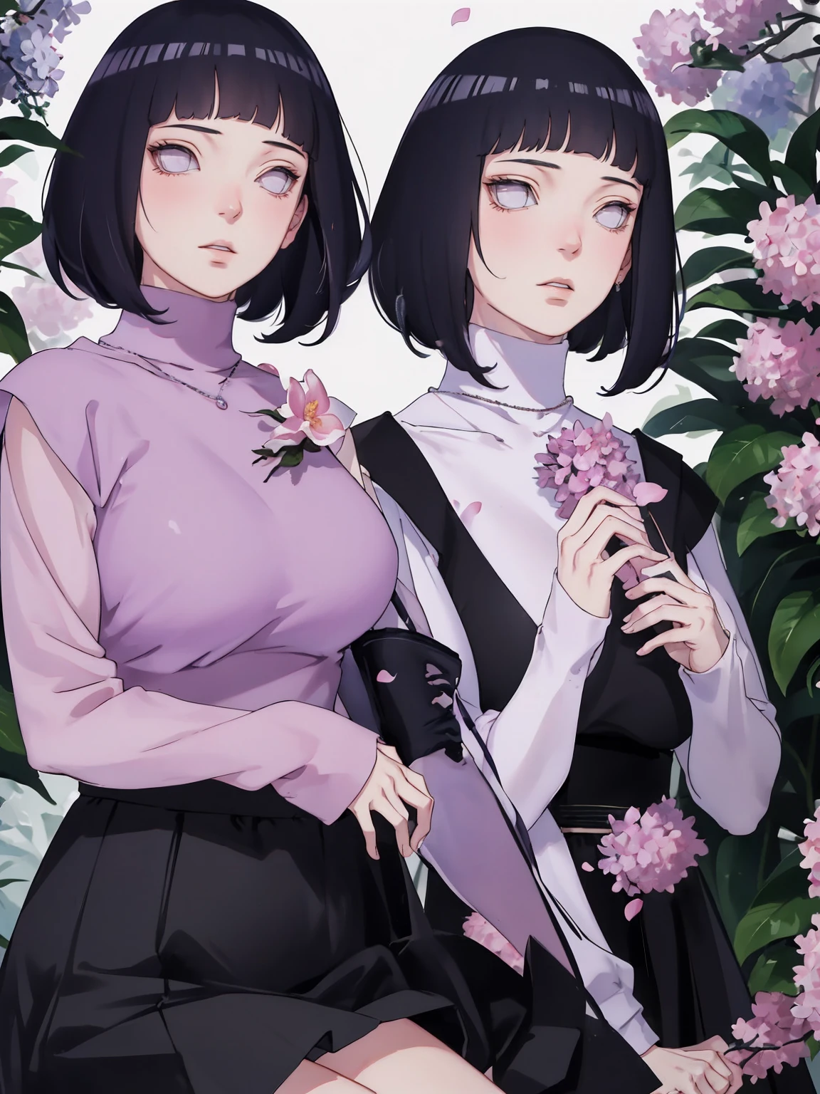 { - anatomy error} (Masterpiece - Ultra-detailed, very high resolution) (huge titusty, masterpiece, absurdres, hinata\(boruto\), 1girl, solo,mature female, lilac turtleneck blouse, high waist black long skirt, looking at viewelling petals), perfect composition, detailed lips, big breast, beautiful face, body propotion, blush, (pink lips), short hair, (black hair), purple eyes, soft gaze, super realistic, detailed, photoshoot, realistic face and body, closed mouth , lilac eyes, full body, upper body , backwards, looking back, with chin resting on shoulder, hidden hands, perfect fingers, inocent face
