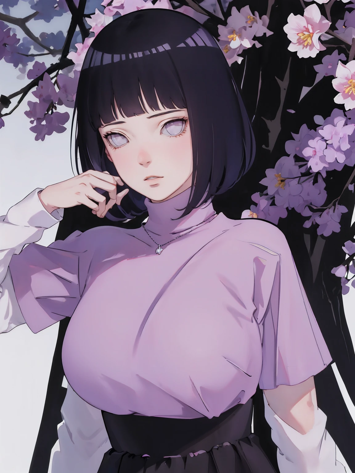 { - anatomy error} (Masterpiece - Ultra-detailed, very high resolution) (huge titusty, masterpiece, absurdres, hinata\(boruto\), 1girl, solo,mature female, lilac turtleneck blouse, high waist black long skirt, looking at viewelling petals), perfect composition, detailed lips, big breast, beautiful face, body propotion, blush, (pink lips), short hair, (black hair), purple eyes, soft gaze, super realistic, detailed, photoshoot, realistic face and body, closed mouth , lilac eyes, full body, upper body , backwards, looking back, with chin resting on shoulder, hidden hands, perfect fingers, inocent face