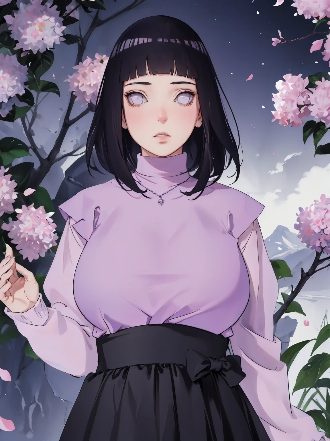 { -  error} (Masterpiece - Ultra-detailed, very high resolution) (huge titusty, masterpiece, absurdres, hinata\(boruto\), 1girl, solo,mature female, lilac turtleneck blouse, high waist black long skirt, looking at viewelling petals), perfect composition, detailed lips, big breast, beautiful face, body propotion, blush, (pink lips), short hair, (black hair), purple eyes, soft gaze, super realistic, detailed, photoshoot, realistic face and body, closed mouth , lilac eyes, full body, upper body , backwards, looking back, with chin resting on shoulder, hidden hands, perfect fingers, inocent face