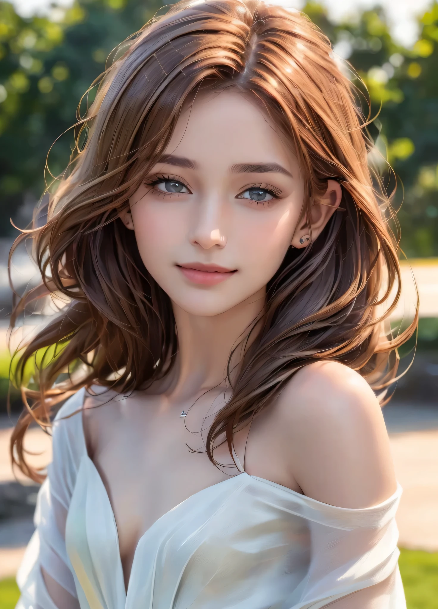 (best quality)), perfect face, (closeup portrait shot), a beautiful solo 18-year-old girl faces the viewer with lurid brown eyes and supple lips parted in a (lascivious smile), lustrous auburn hair billows over her shoulders, she is wearing a (short) white sheer gown that has (fallen down to her elbows) leaving the front of the garment (wide open), ((small breasts )), perfect body, intense detail, extremely realistic
