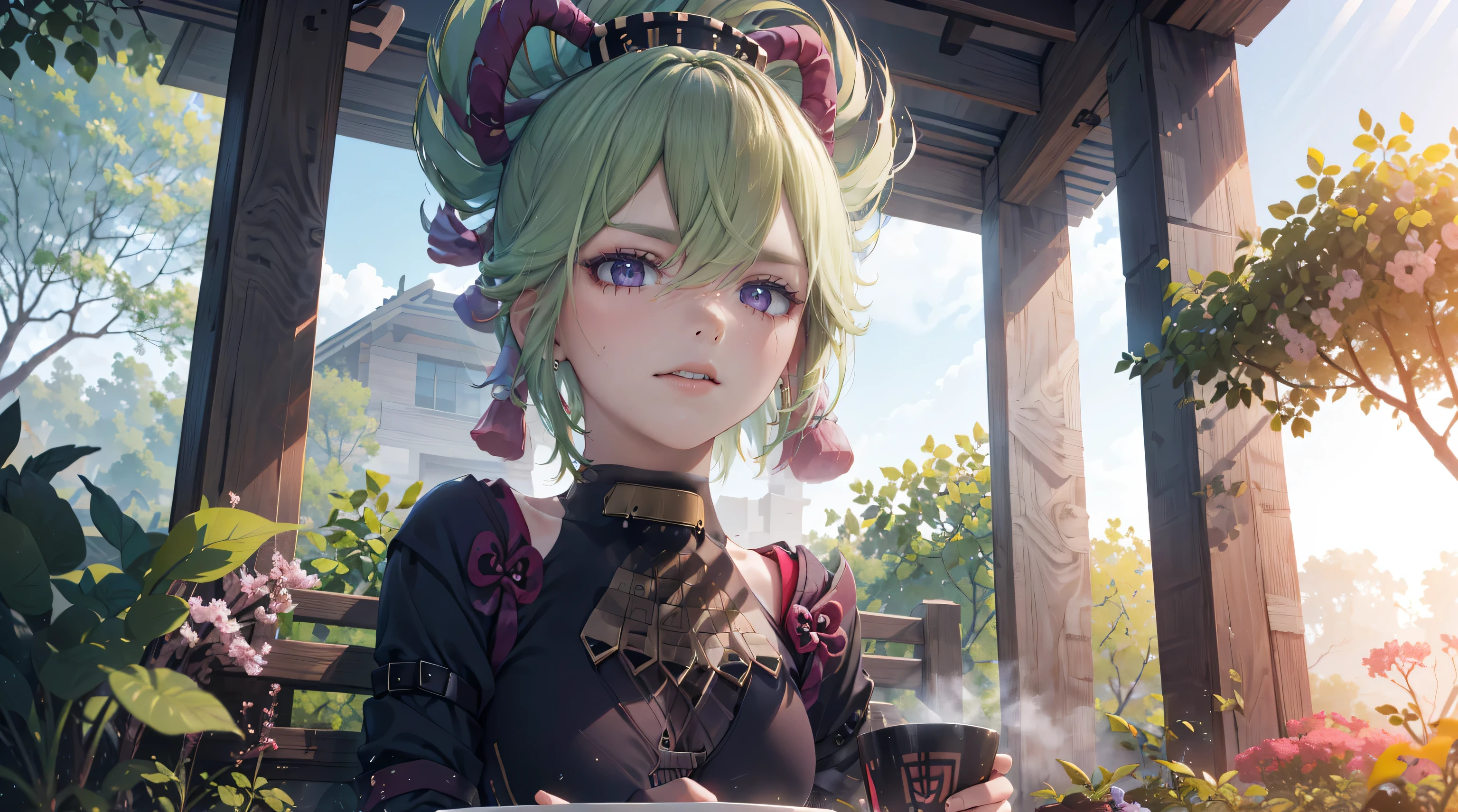 (best quality,8k,height,Masterpiece:1.2),(realistic,photorealistic,photo-realistic:1.37), In purple eyes, Classic maid outfit, Traditional Japanese Bakery,Beautifully detailed eyes,happiness,glowing eyes,smile,บรรยากาศquiet,Traditional Japanese clothing,work(best quality,Full range,advert:1.2),bright and warm,Sweet and sleepy,happinessบริบูรณ์,รอยsmileสดใส,cherry tree,quiet,aroma,dreamlike,bright colors,delicate light,Traditional Japanese tea set,Lively atmosphere