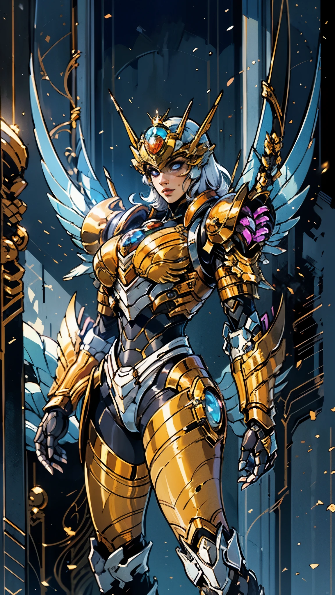 A woman adorned in fantasy-style full-body armor, a crown-concept fully enclosed helmet that unveils only her eyes, a composite layered chest plate, fully encompassing shoulder and hand guards, a lightweight waist armor, form-fitting shin guards, the overall design is heavy-duty yet flexible, (the armor gleams with a golden glow, complemented by red and blue accents), exhibiting a noble aura, she floats above a fantasy-surreal high-tech city, this character embodies a finely crafted fantasy-surreal style armored hero in anime style, exquisite and mature manga art style, (mixture of Queen bee and Spider concept Armor, plasma), ((Element, elegant, goddess, femminine:1.5)), metallic, high definition, best quality, highres, ultra-detailed, ultra-fine painting, extremely delicate, professional, anatomically correct, symmetrical face, extremely detailed eyes and face, high quality eyes, creativity, RAW photo, UHD, 32k, Natural light, cinematic lighting, masterpiece-anatomy-perfect, masterpiece:1.5