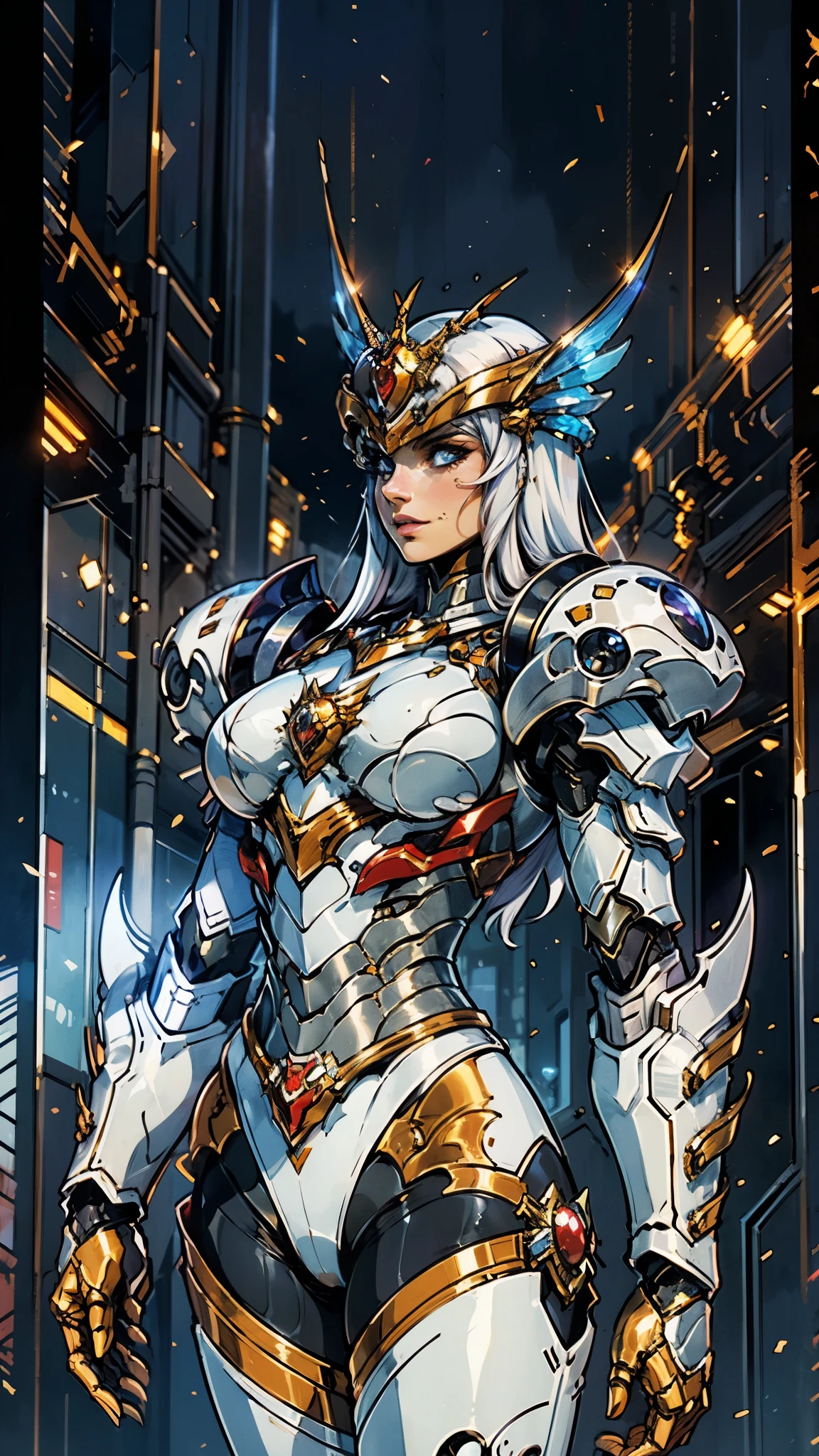 A woman adorned in fantasy-style full-body armor, a crown-concept fully enclosed helmet that unveils only her eyes, a composite layered chest plate, fully encompassing shoulder and hand guards, a lightweight waist armor, form-fitting shin guards, the overall design is heavy-duty yet flexible, (the armor gleams with a golden glow, complemented by red and blue accents), exhibiting a noble aura, she floats above a fantasy-surreal high-tech city, this character embodies a finely crafted fantasy-surreal style armored hero in anime style, exquisite and mature manga art style, (mixture of Queen bee and Spider concept Armor, plasma), ((Element, elegant, goddess, femminine:1.5)), metallic, high definition, best quality, highres, ultra-detailed, ultra-fine painting, extremely delicate, professional, anatomically correct, symmetrical face, extremely detailed eyes and face, high quality eyes, creativity, RAW photo, UHD, 32k, Natural light, cinematic lighting, masterpiece-anatomy-perfect, masterpiece:1.5