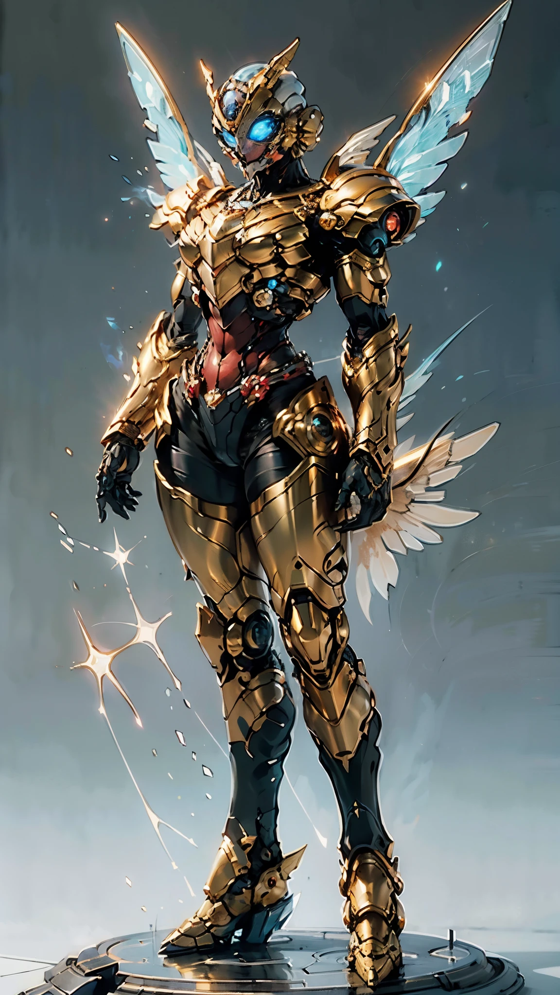 A woman adorned in fantasy-style full-body armor, a crown-concept fully enclosed helmet that unveils only her eyes, a composite layered chest plate, fully encompassing shoulder and hand guards, a lightweight waist armor, form-fitting shin guards, the overall design is heavy-duty yet flexible, (the armor gleams with a golden glow, complemented by red and blue accents), exhibiting a noble aura, she floats above a fantasy-surreal high-tech city, this character embodies a finely crafted fantasy-surreal style armored hero in anime style, exquisite and mature manga art style, (mixture of Queen bee and Spider concept Armor, plasma), ((Element, elegant, goddess, femminine:1.5)), metallic, high definition, best quality, highres, ultra-detailed, ultra-fine painting, extremely delicate, professional, anatomically correct, symmetrical face, extremely detailed eyes and face, high quality eyes, creativity, RAW photo, UHD, 32k, Natural light, cinematic lighting, masterpiece-anatomy-perfect, masterpiece:1.5