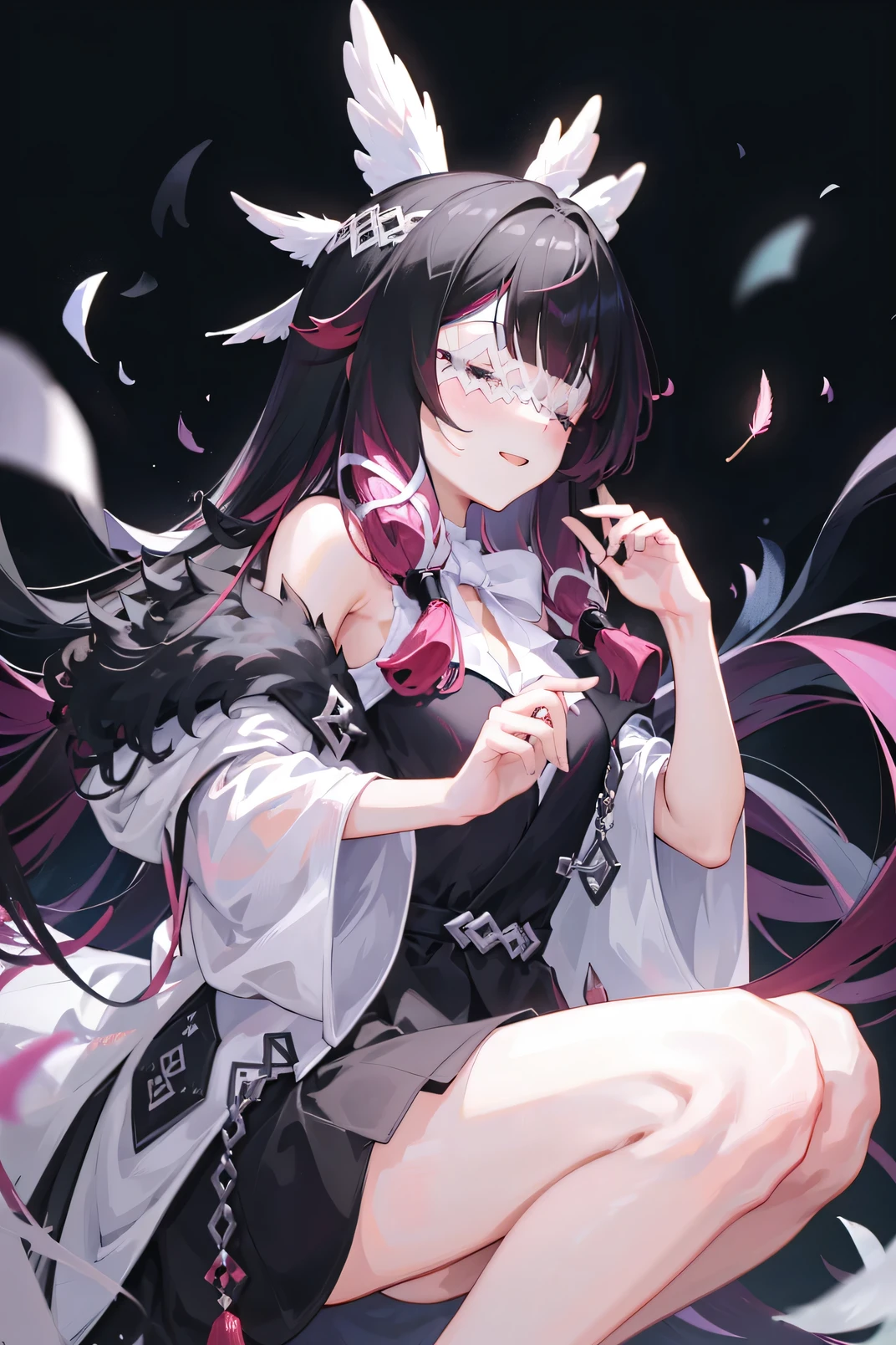 1 girl, long hair, black hair, Red hair, 独自of, closed Eyes, Eye_mask, Head wings, hair accessories, blunt bangs, 淡蓝色of聚光灯照下来, feather, 黑暗of, 天使of翅膀, falling feather, of, mystery, Over the shoulder pose, black background, wind, smiling, jacket