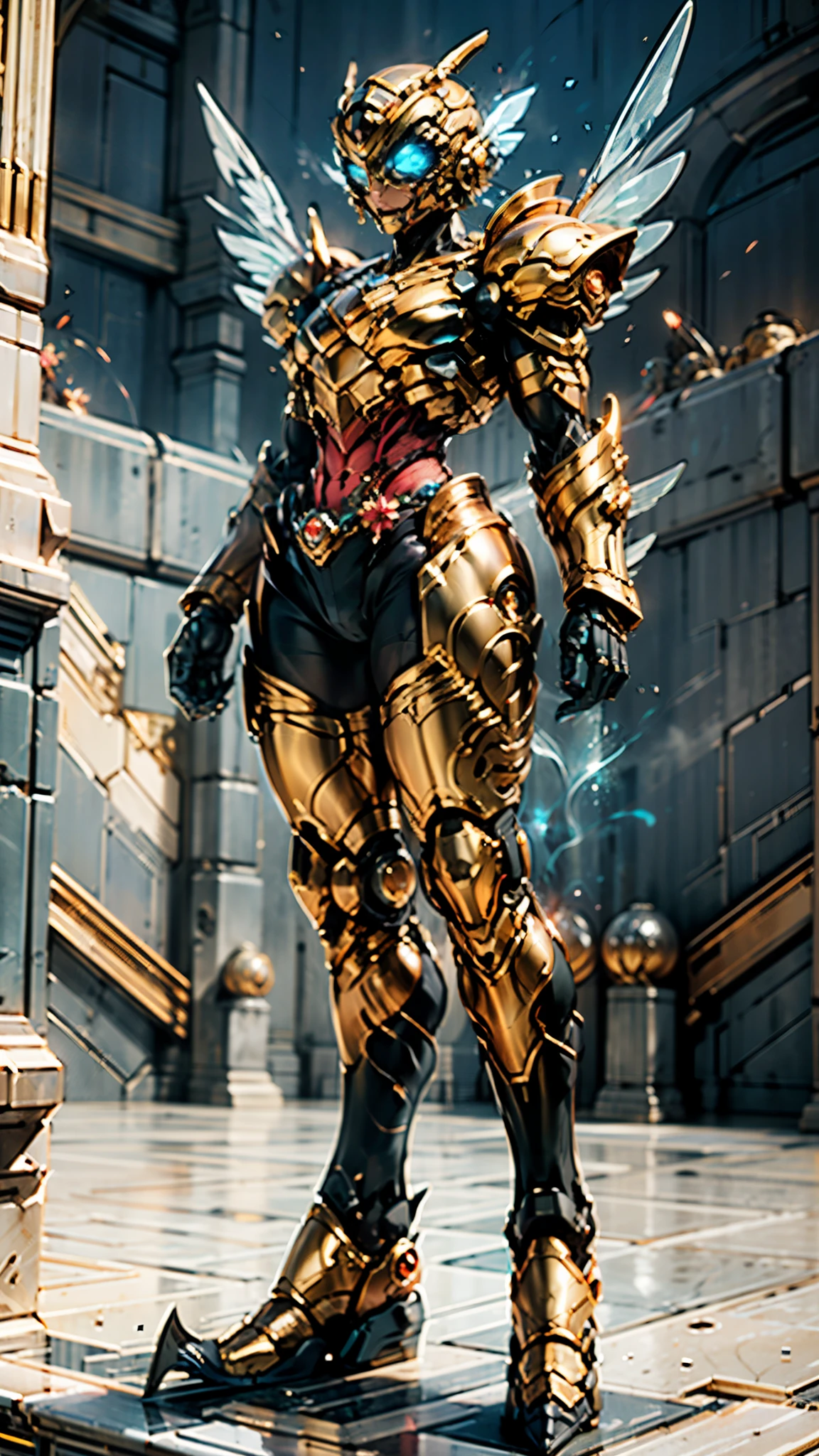 A woman adorned in fantasy-style full-body armor, a crown-concept fully enclosed helmet that unveils only her eyes, a composite layered chest plate, fully encompassing shoulder and hand guards, a lightweight waist armor, form-fitting shin guards, the overall design is heavy-duty yet flexible, (the armor gleams with a golden glow, complemented by red and blue accents), exhibiting a noble aura, she floats above a fantasy-surreal high-tech city, this character embodies a finely crafted fantasy-surreal style armored hero in anime style, exquisite and mature manga art style, (mixture of Queen bee and Spider concept Armor, plasma), ((Element, elegant, goddess, femminine:1.5)), metallic, high definition, best quality, highres, ultra-detailed, ultra-fine painting, extremely delicate, professional, anatomically correct, symmetrical face, extremely detailed eyes and face, high quality eyes, creativity, RAW photo, UHD, 32k, Natural light, cinematic lighting, masterpiece-anatomy-perfect, masterpiece:1.5