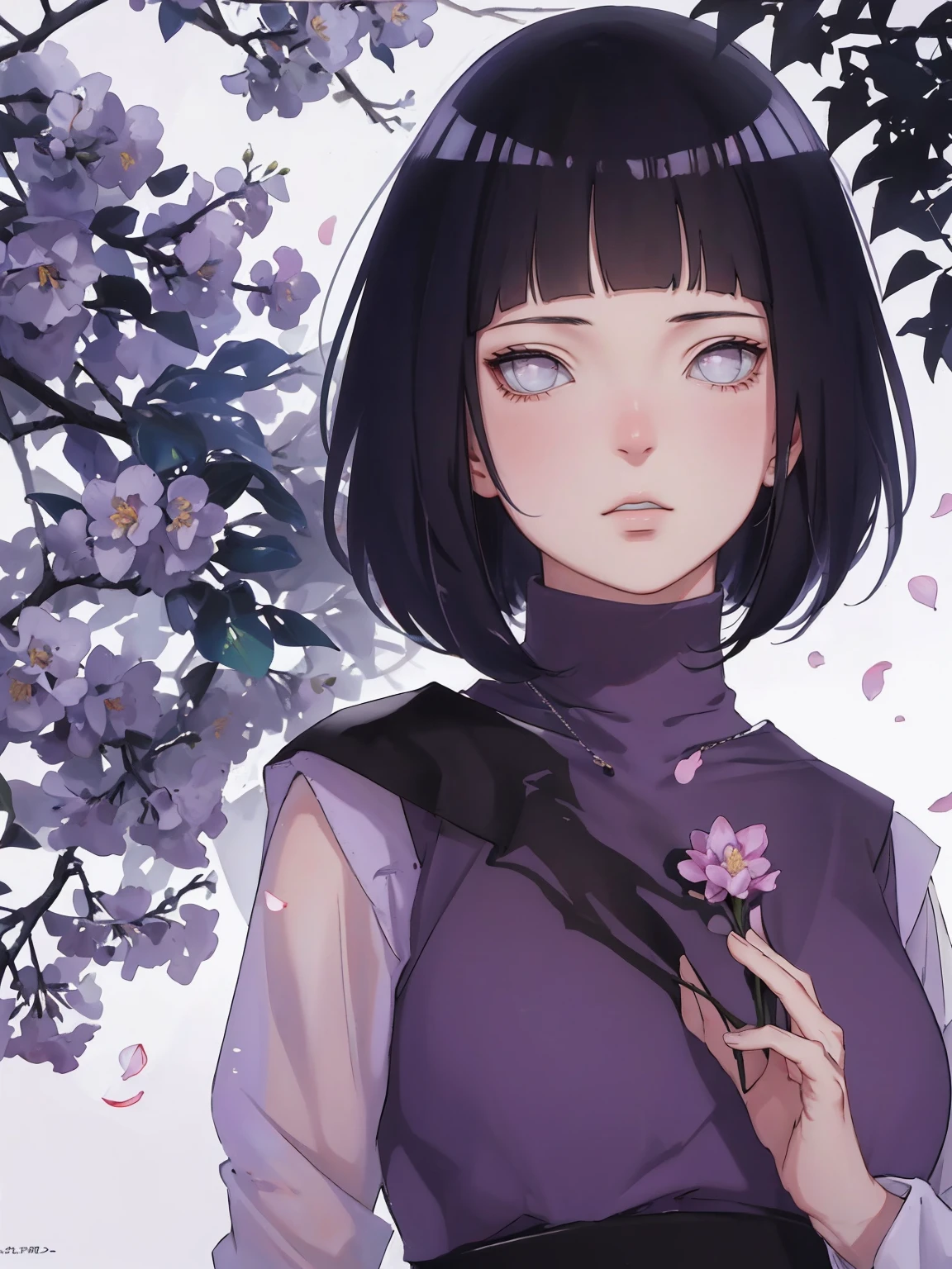{ -  error} (Masterpiece - Ultra-detailed, very high resolution) (huge titusty, masterpiece, absurdres, hinata\(boruto\), 1girl, solo,mature female, lilac turtleneck blouse, high waist black long skirt, looking at viewelling petals), perfect composition, detailed lips, big breast, beautiful face, body propotion, blush, (pink lips), short hair, (black hair), purple eyes, soft gaze, super realistic, detailed, photoshoot, realistic face and body, closed mouth , lilac eyes, full body, upper body , backwards, looking back, with chin resting on shoulder, hidden hands, perfect fingers, inocent face