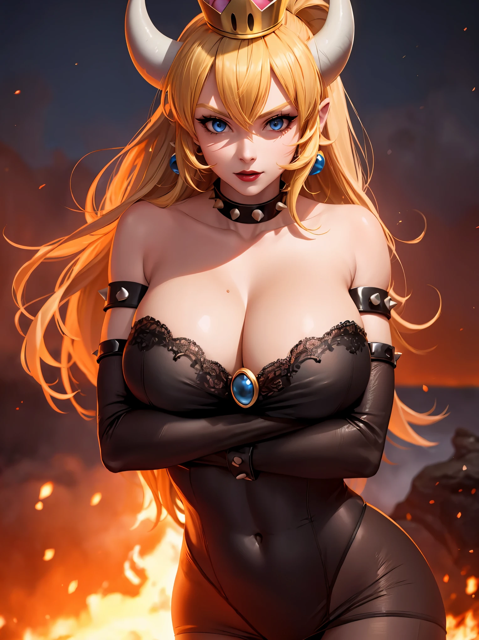 ((high detailed, best quality, 4k, masterpiece, hd:1.3)), ((best quality)), (((HD))), (((8k))), (ultraDH), (ultra HD), Princess Daisy, blue eyes, BREAK blue eyes, seductive, attractive, smooth anime cg art, 36C breasts, long legs, vivid colors, detailed digital art, slim body, perfect skin, dark blonde hair, long hair, blonde hair, blonde hair, BREAK crown, cleavage, 36C cleavage, looking at viewer, BREAK looking at viewer, extremely detailed face, red santa suit, red santa claus suit, santa claus suit, earrings, gem, dark black makeup lips, dark gothic eyeshadows, dark eyeshadows, black eyeshadows, black sexy lips, black lips, (dark:1.2), dark lips, very dark lips, (perfect hands, perfect anatomy), black makeup, black medium lips, black thick lips, detailed fingers, five fingers per hand, 5 fingers, (1 girl), detailed lips, detailed black lips, black painted lips, gothic painted lips, BREAK night, night sky, (breast focus), (arms outstreched:1.2), (from above:1.1), (breasts out:1.3), (off shoulder:1.1), (white horns), (bra), inside a lava castle, she inside a sea of lava, she bathing in lava,